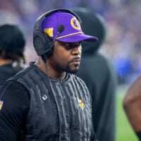 Jan 13, 2025; Glendale, AZ, USA; Minnesota Vikings defensive coordinator Brian Flores against the Los Angeles Rams during an NFC wild card game at State Farm Stadium.