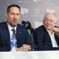 Jan 27, 2025; Frisco, TX, USA; Dallas Cowboys Head Coach Brian Schottenheimer and owner Jerry Jones speak to the media at a press conference at the Star.
