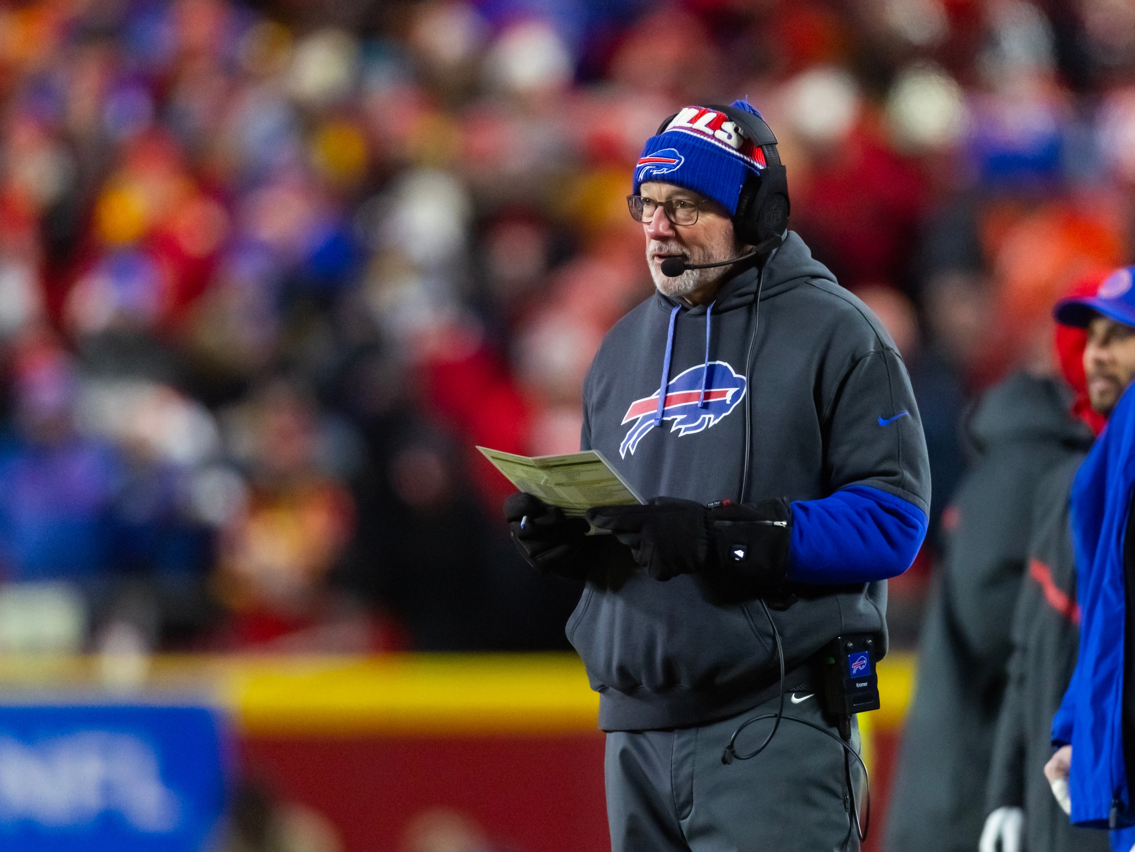 Jan 26, 2025; Kansas City, MO, USA; Buffalo Bills offensive line coach Aaron Kromer against the Kansas City Chiefs during the AFC Championship game at GEHA Field at Arrowhead Stadium.