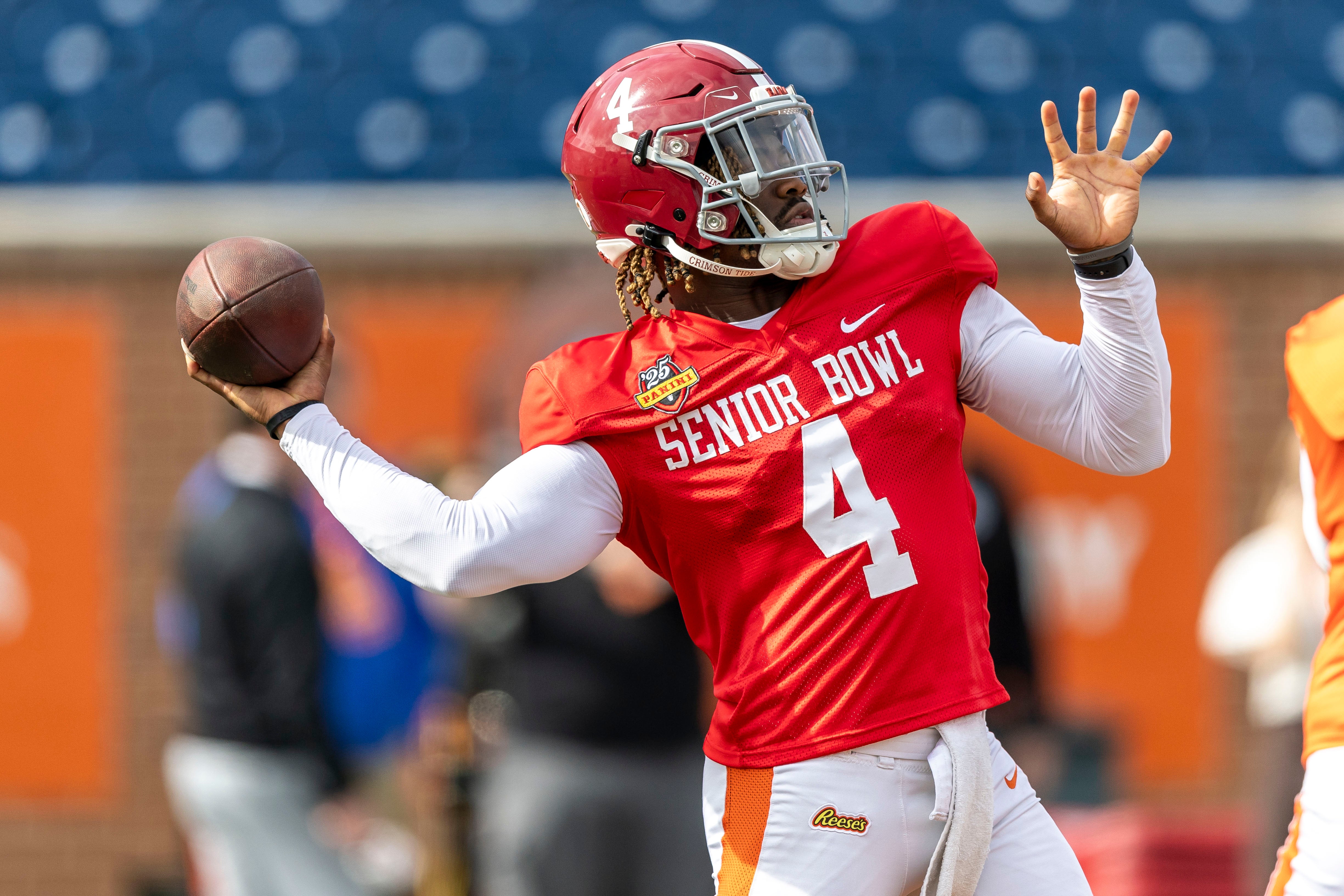 Jan 30, 2025; Mobile, AL, USA; American team quarterback Jalen Milroe of Alabama (4) throws long during Senior Bowl practice for the American team at Hancock Whitney Stadium.