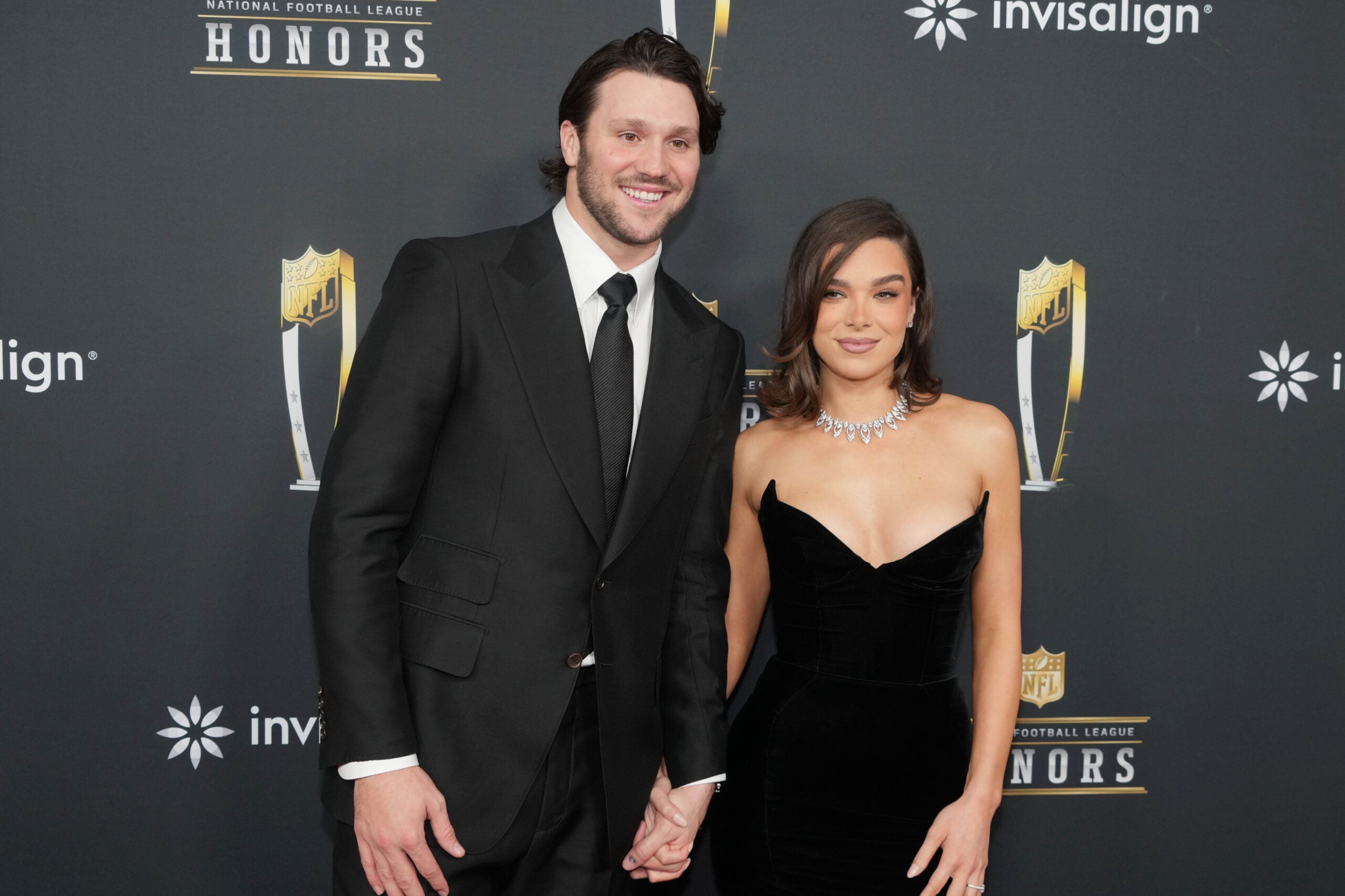 Feb 6, 2025; New Orleans, LA, USA; Josh Allen and Hailee Steinfeld on the red carpet before Super Bowl LIX NFL Honors at Saenger Theatre.