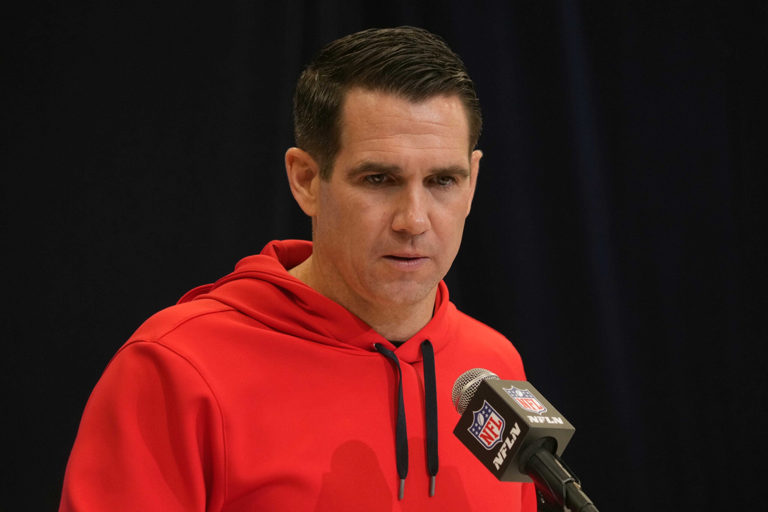 Feb 25, 2025; Indianapolis, IN, USA; New York Giants general manager Joe Schoen speaks during the NFL Scouting Combine at the Indiana Convention Center.