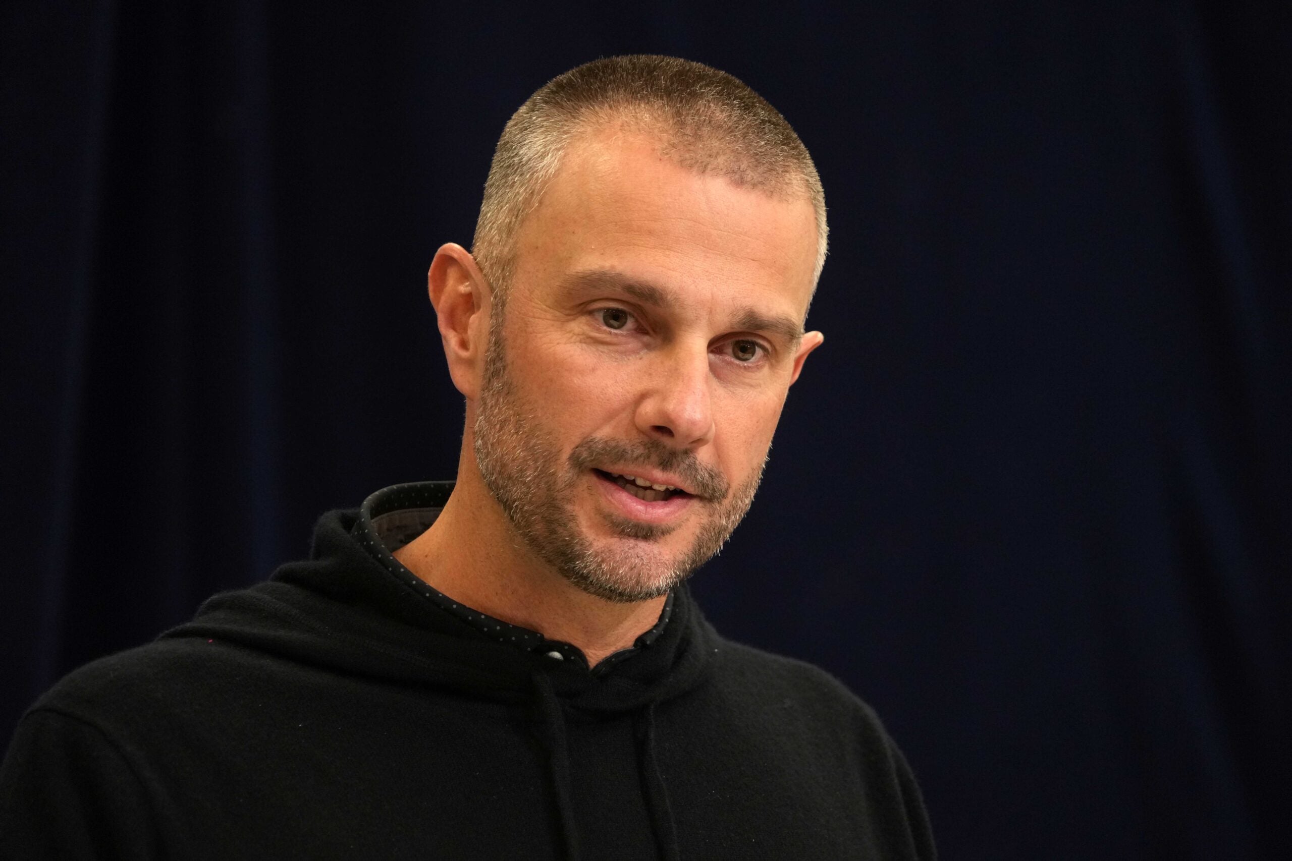 Feb 25, 2025; Indianapolis, IN, USA; Las Vegas Raiders general manager John Spytek speaks during the NFL Scouting Combine at the Indiana Convention Center.