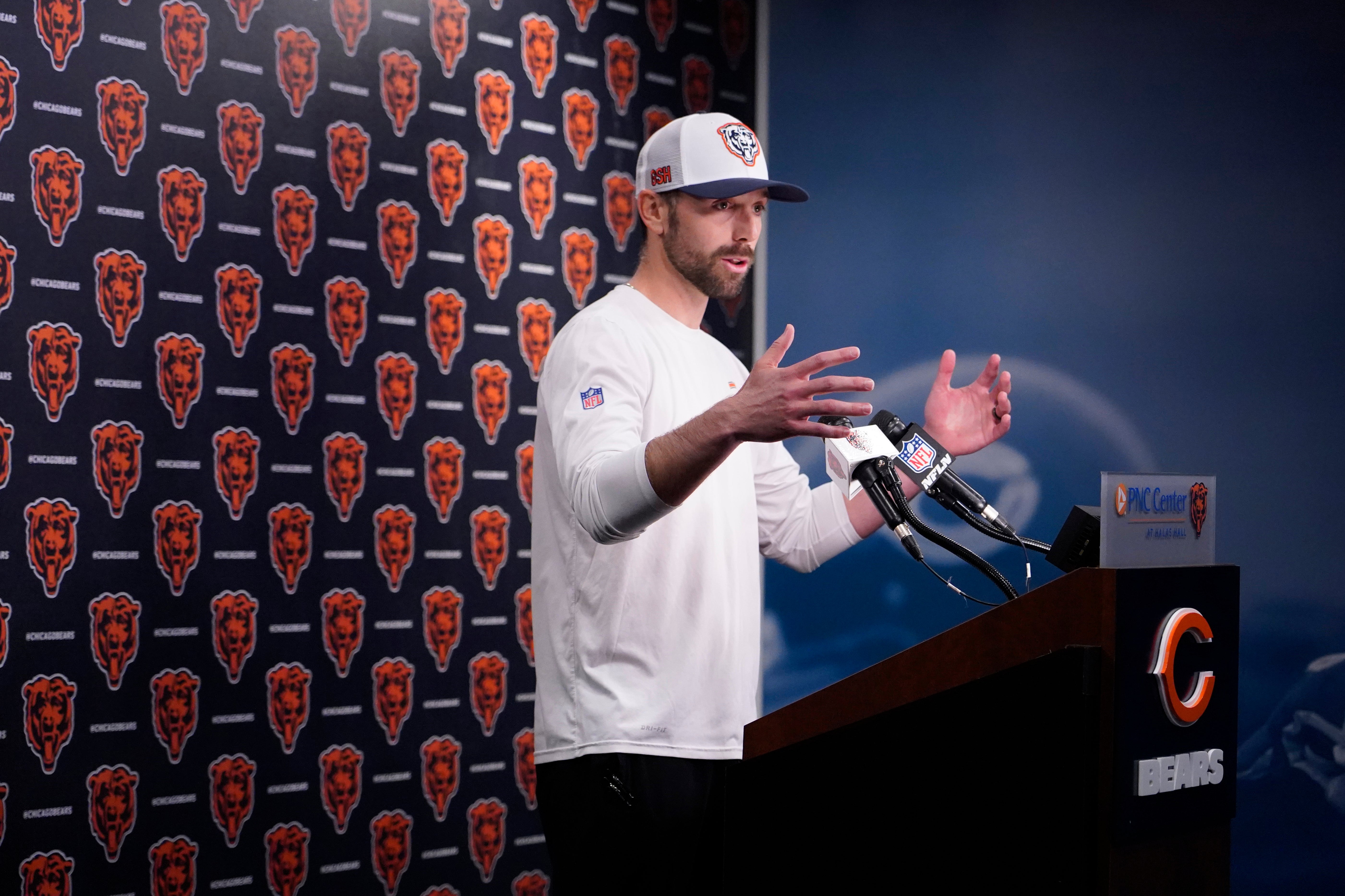 May 10, 2025; Lake Forest, IL, USA; Chicago Bears offensive coordinator Declan Doyle answers questions after rookie minicamp at Halas Hall.