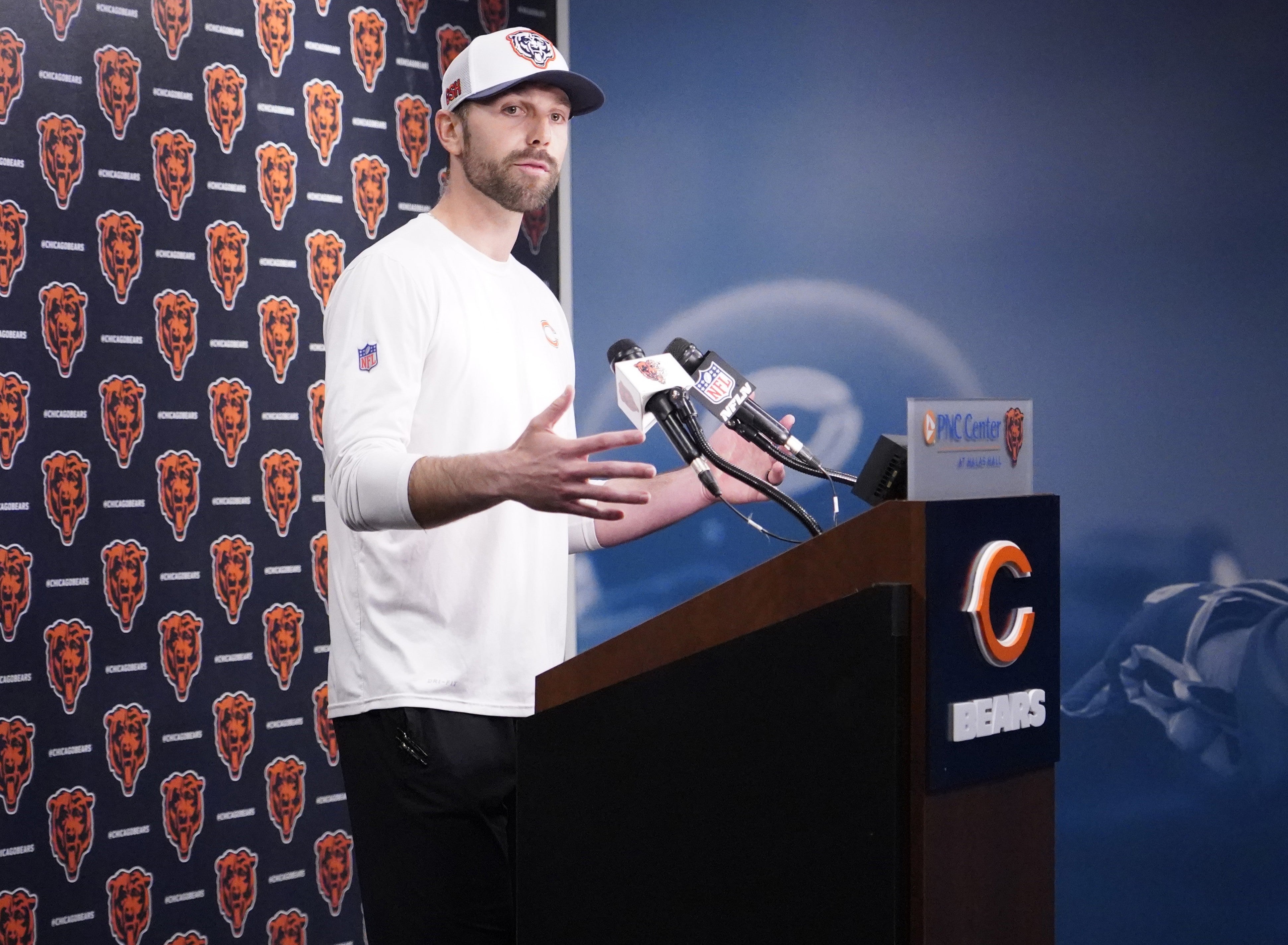 May 10, 2025; Lake Forest, IL, USA; Chicago Bears offensive coordinator Declan Doyle answers questions after rookie minicamp at Halas Hall.