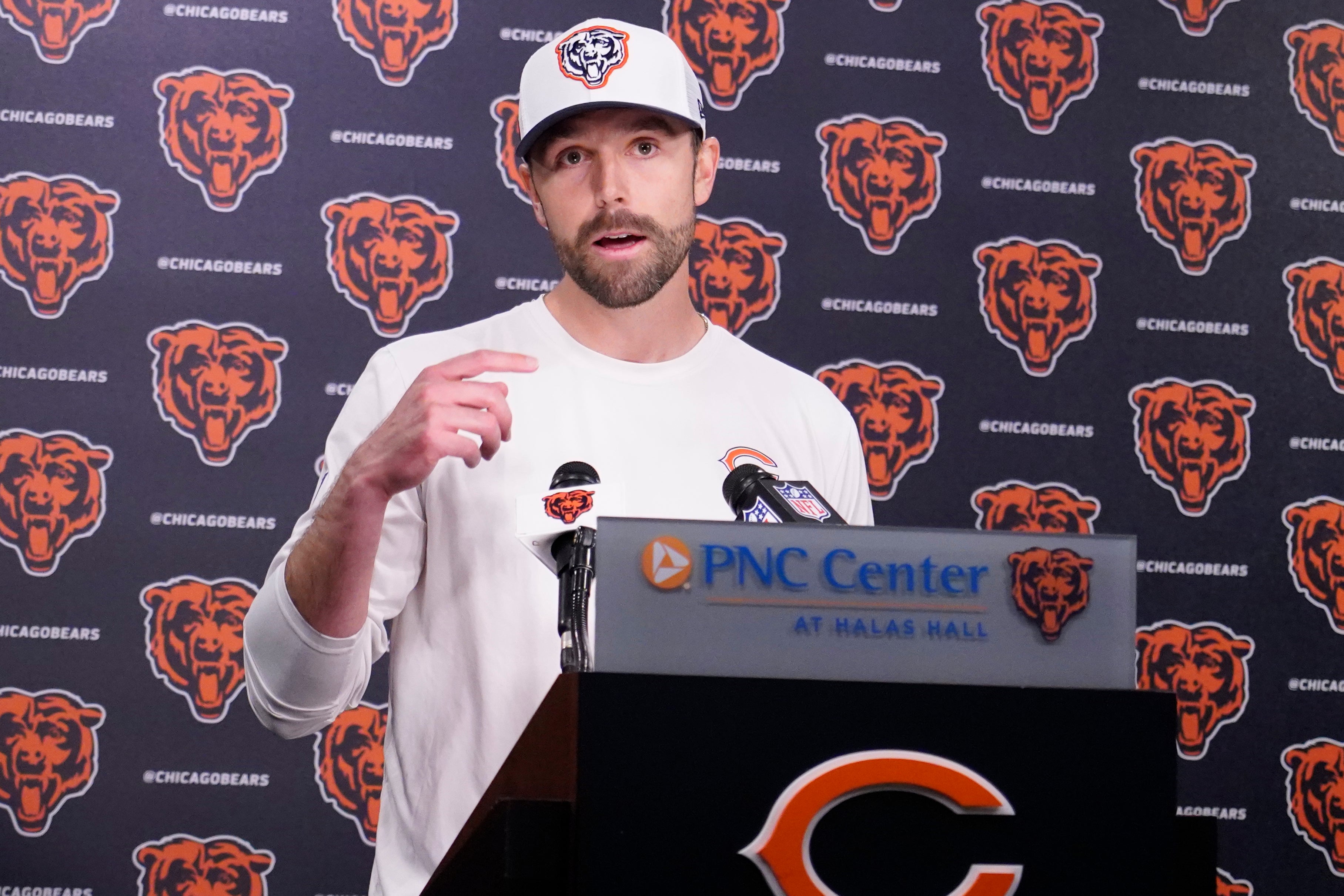 May 10, 2025; Lake Forest, IL, USA; Chicago Bears offensive coordinator Declan Doyle answers questions after rookie minicamp at Halas Hall.
