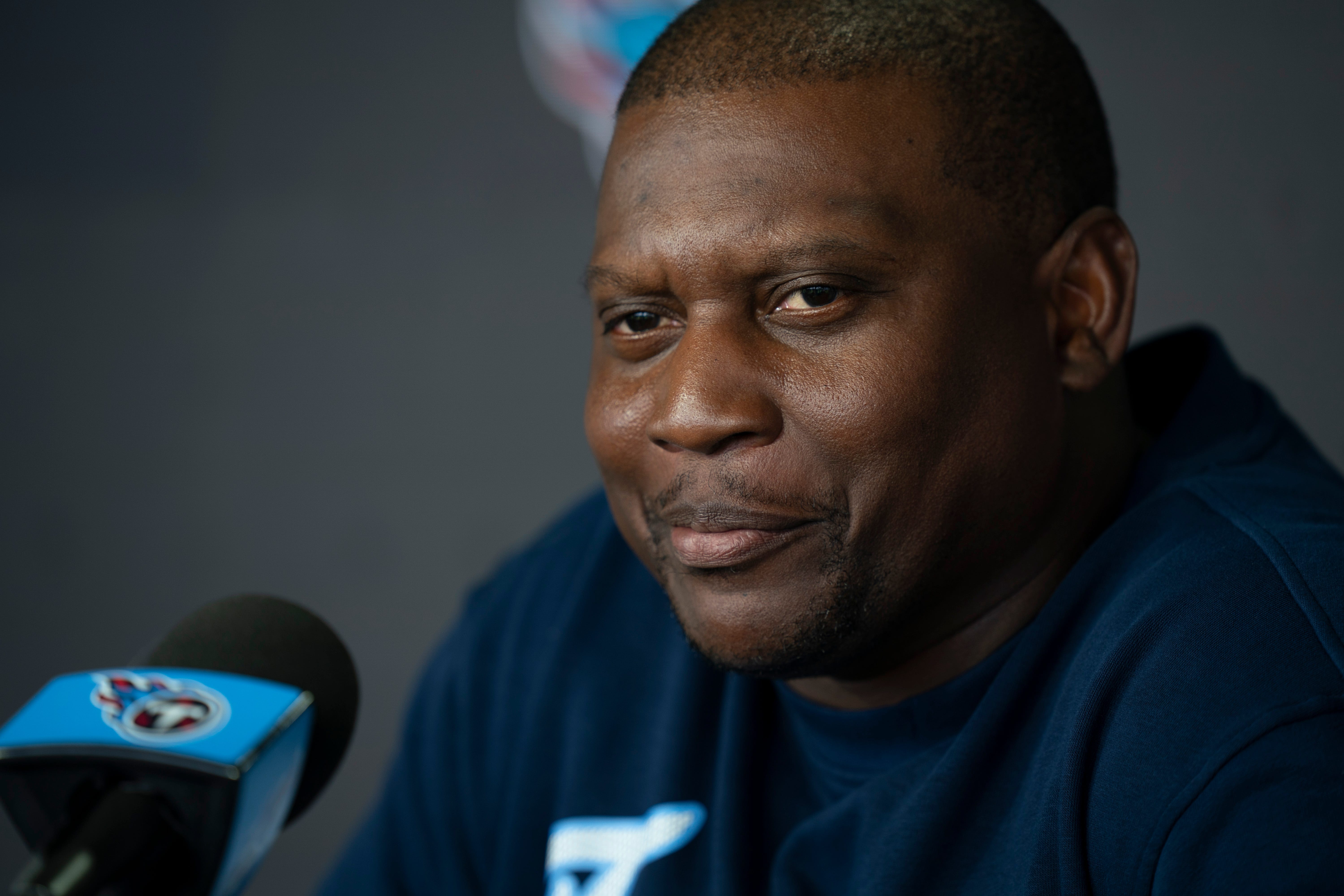 Tennessee Titans Defensive Coordinator Dennard Wilson speaks with the media during OTAs at Ascension Saint Thomas Sports Park in Nashville, Tenn., Wednesday, May 28, 2025.