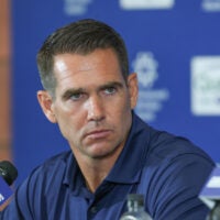Jul 23, 2025; East Rutherford, NJ, USA; New York Giants general manager Joe Schoen talks with media during training camp at Quest Diagnostics Training Center.