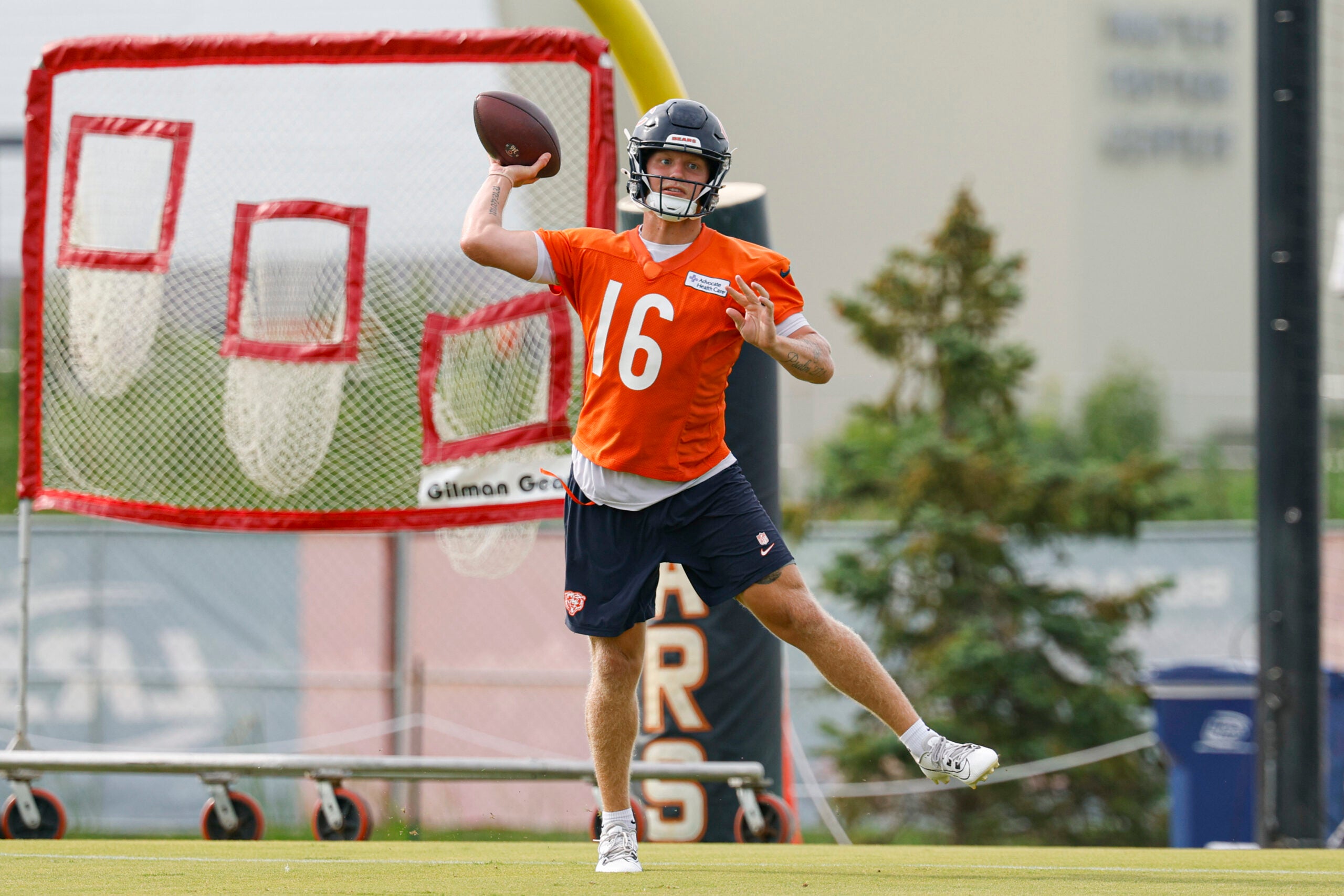Jul 24, 2025; Lake Forest, IL, USA; Chicago Bears quarterback Austin Reed (16) passes the ball during training camp at Halas Hall.