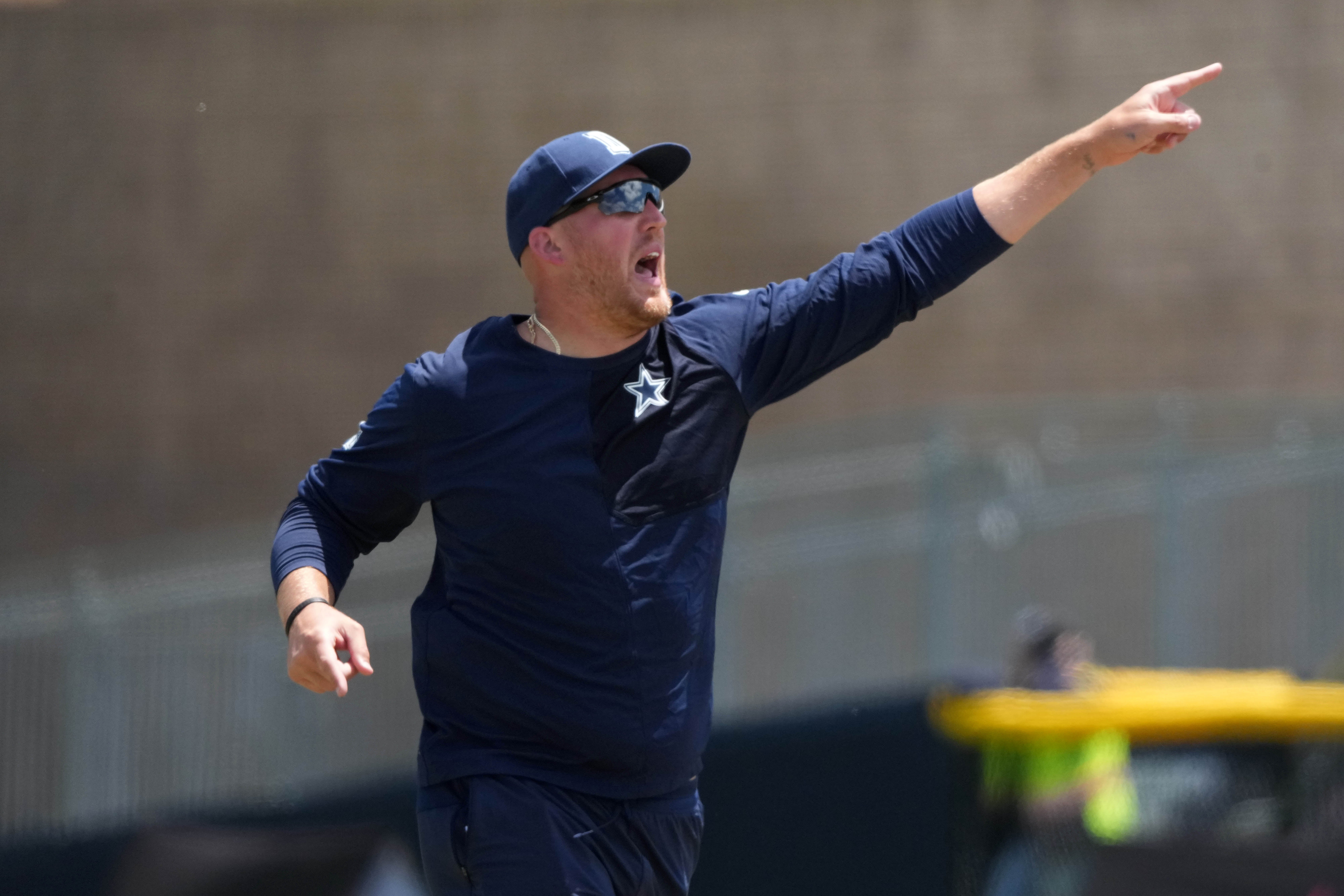 Jul 27, 2025; Oxnard, CA, USA; Dallas Cowboys quarterbacks coach Steve Shimko at training camp at the River Ridge Fields.