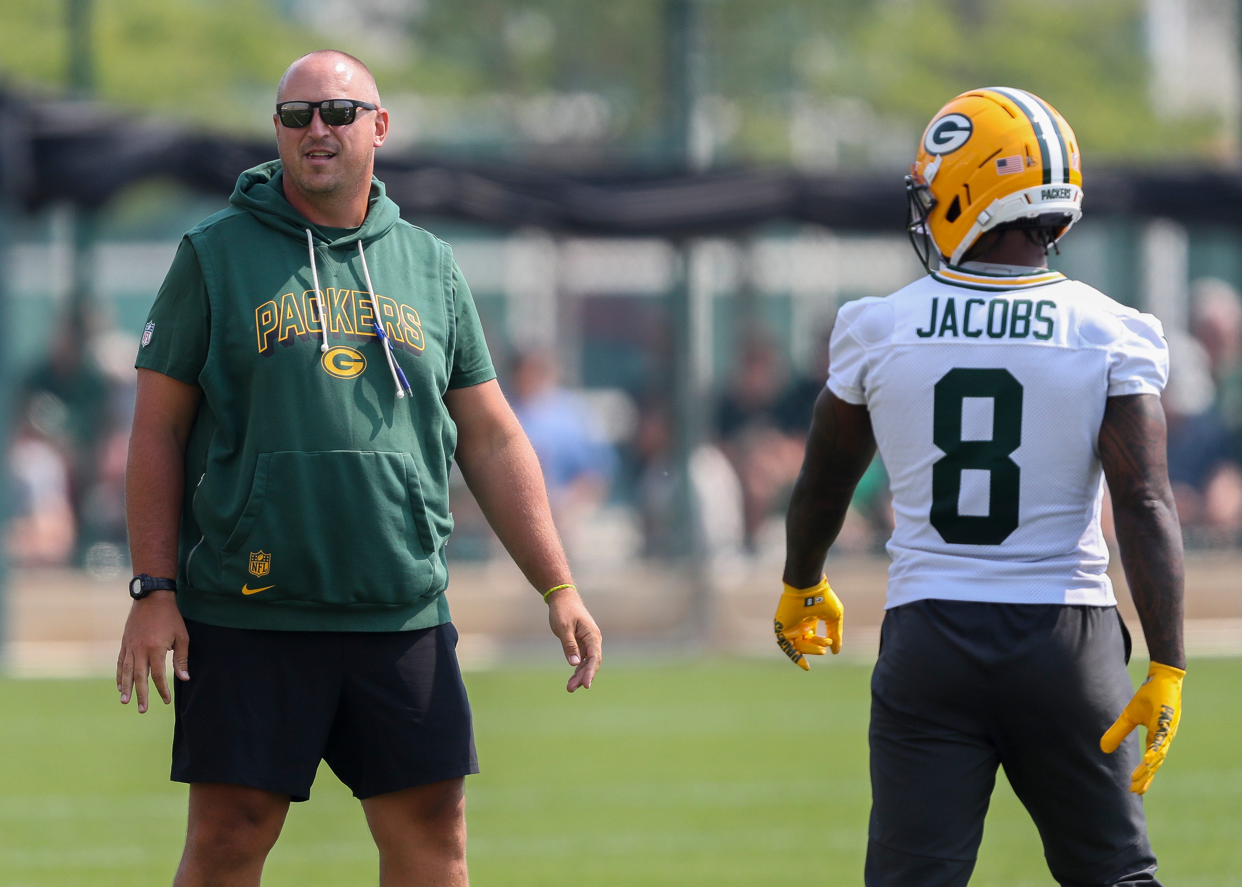 Green Bay Packers offensive coordinator Adam Stenavich surveys practice on Friday, August 1, 2025, at Ray Nitschke Field in Ashwaubenon, Wis.