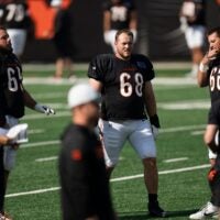 Cincinnati Bengals center Seth McLaughlin (68) stands on the field during Bengals Camp practice at Paycor Stadium in Cincinnati on Aug. 2, 2025.