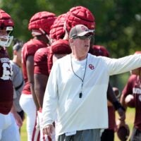 Oklahoma offensive line coach Bill Bedenbaugh watches drills during football practice for the University of Oklahoma Sooners in Norman, Okla., Wednesday, Aug., 6, 2025.