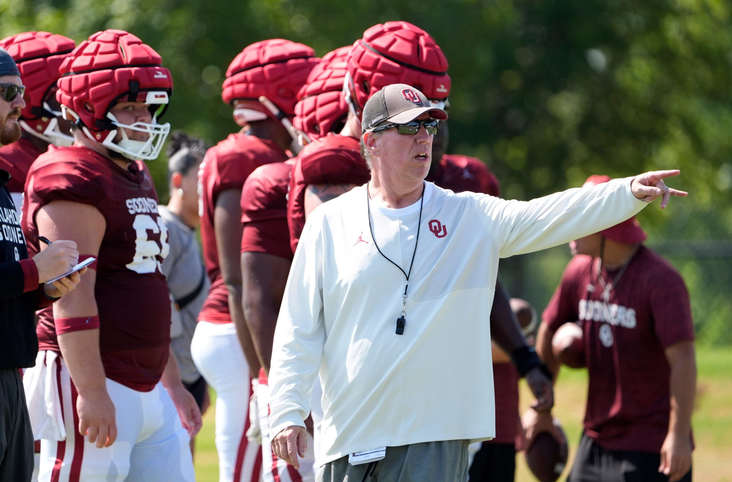 Oklahoma offensive line coach Bill Bedenbaugh watches drills during football practice for the University of Oklahoma Sooners in Norman, Okla., Wednesday, Aug., 6, 2025.
