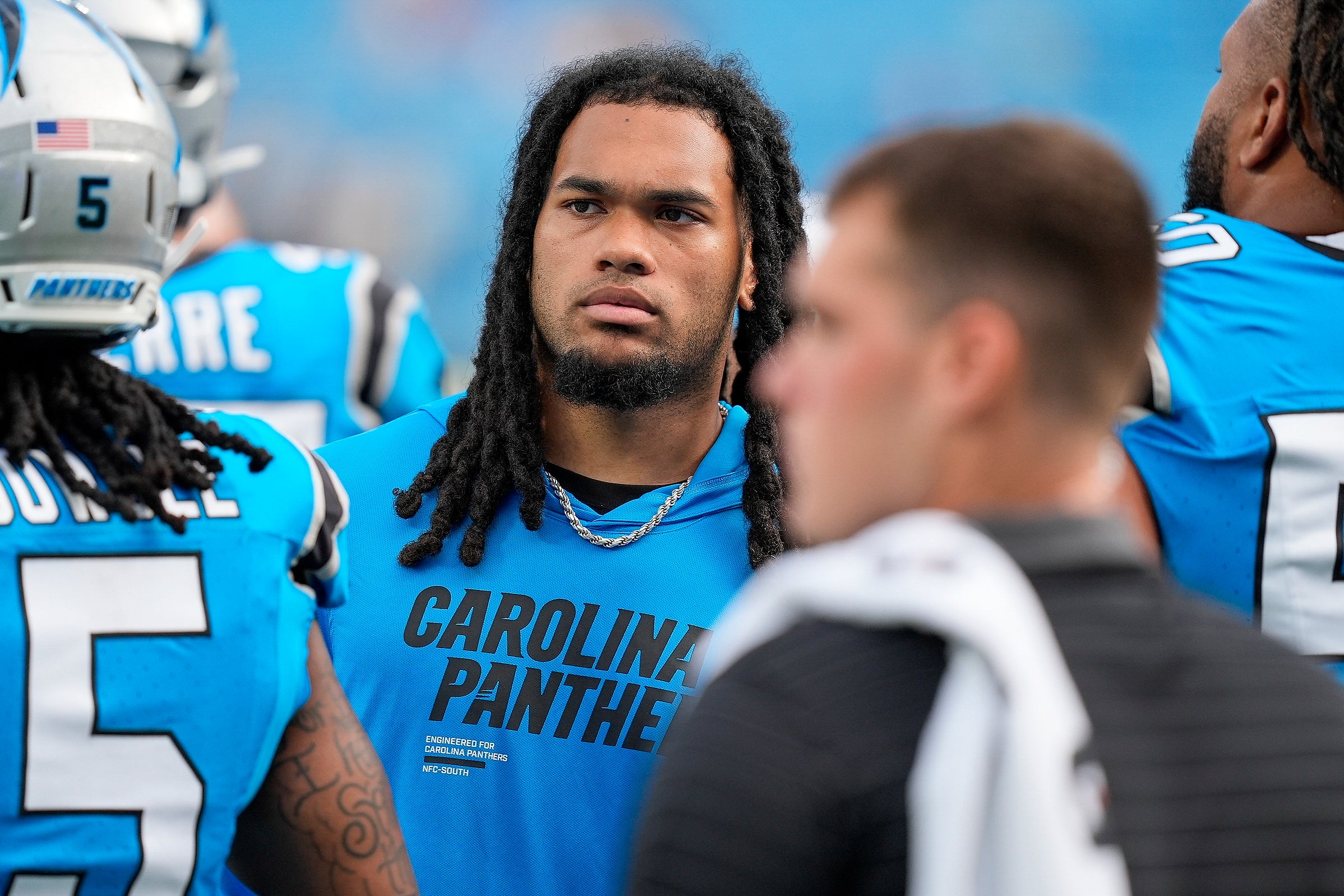 Aug 8, 2025; Charlotte, North Carolina, USA; Carolina Panthers running back Jonathon Brooks (24) during the first quarter against the Cleveland Browns at Bank of America Stadium.