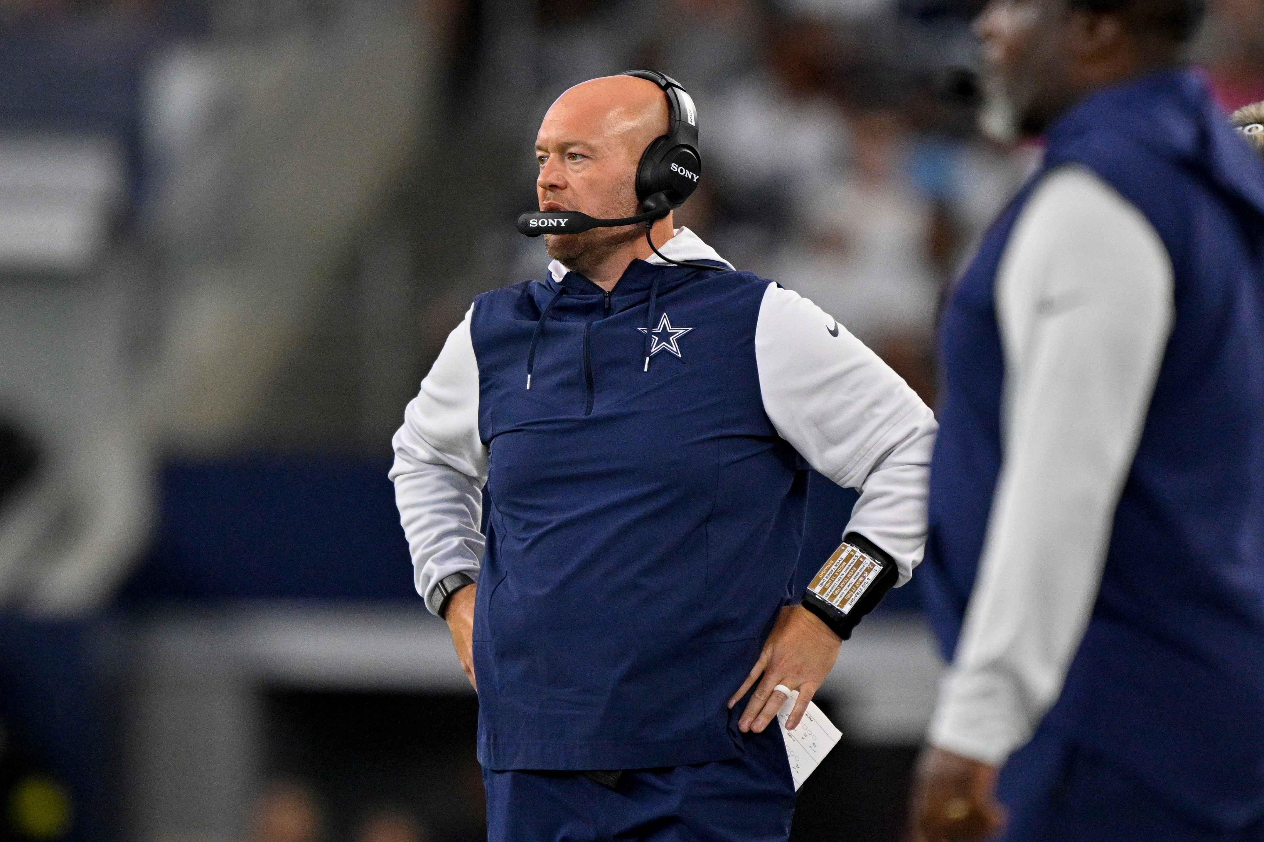 Aug 16, 2025; Arlington, Texas, USA; Dallas Cowboys defensive line coach Aaron Whitecotton during the game between the Dallas Cowboys and the Baltimore Ravens at AT&T Stadium.