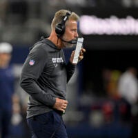 Aug 16, 2025; Arlington, Texas, USA; Dallas Cowboys defensive coordinator Matt Eberflus looks on during the game between the Dallas Cowboys and the Baltimore Ravens at AT&T Stadium.