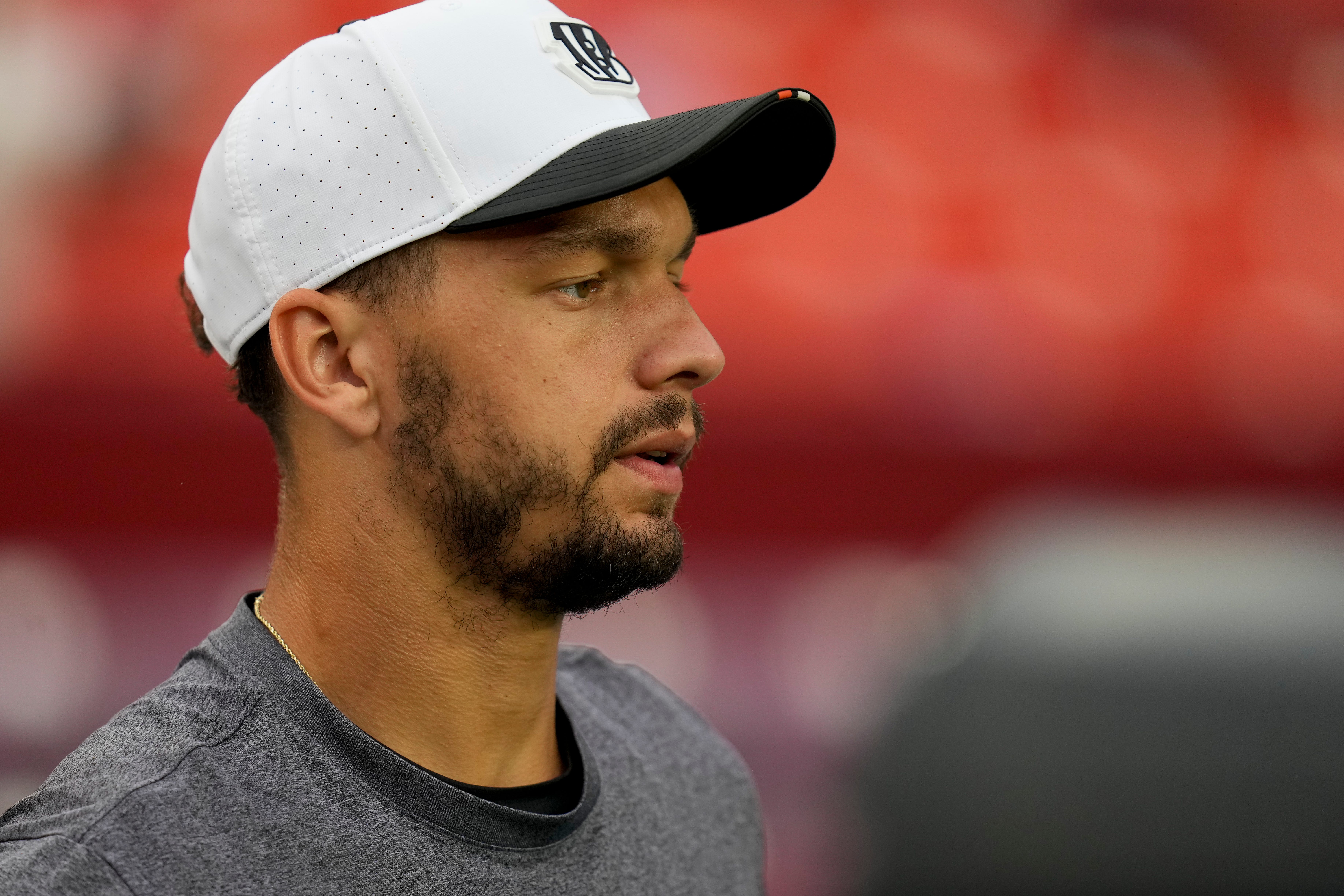 Quarterback Desmond Ridder (4) warms up before the first quarter of the NFL Preseason Week 2 game between the Washington Commanders and the Cincinnati Bengals at Northwest Stadium in Landover, Md., on Monday, Aug. 18, 2025.