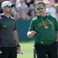 Green Bay Packers head coach Matt LaFleur, left, and general manager Brian Gutekunst are shown during a joint practice with the Seattle Seahawks Thursday, August 21, 2025 in Green Bay, Wisconsin.