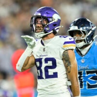 Aug 22, 2025; Nashville, Tennessee, USA; Minnesota Vikings wide receiver Jeshaun Jones (82) celebrates his first down catch against the Tennessee Titan during the first half at Nissan Stadium.