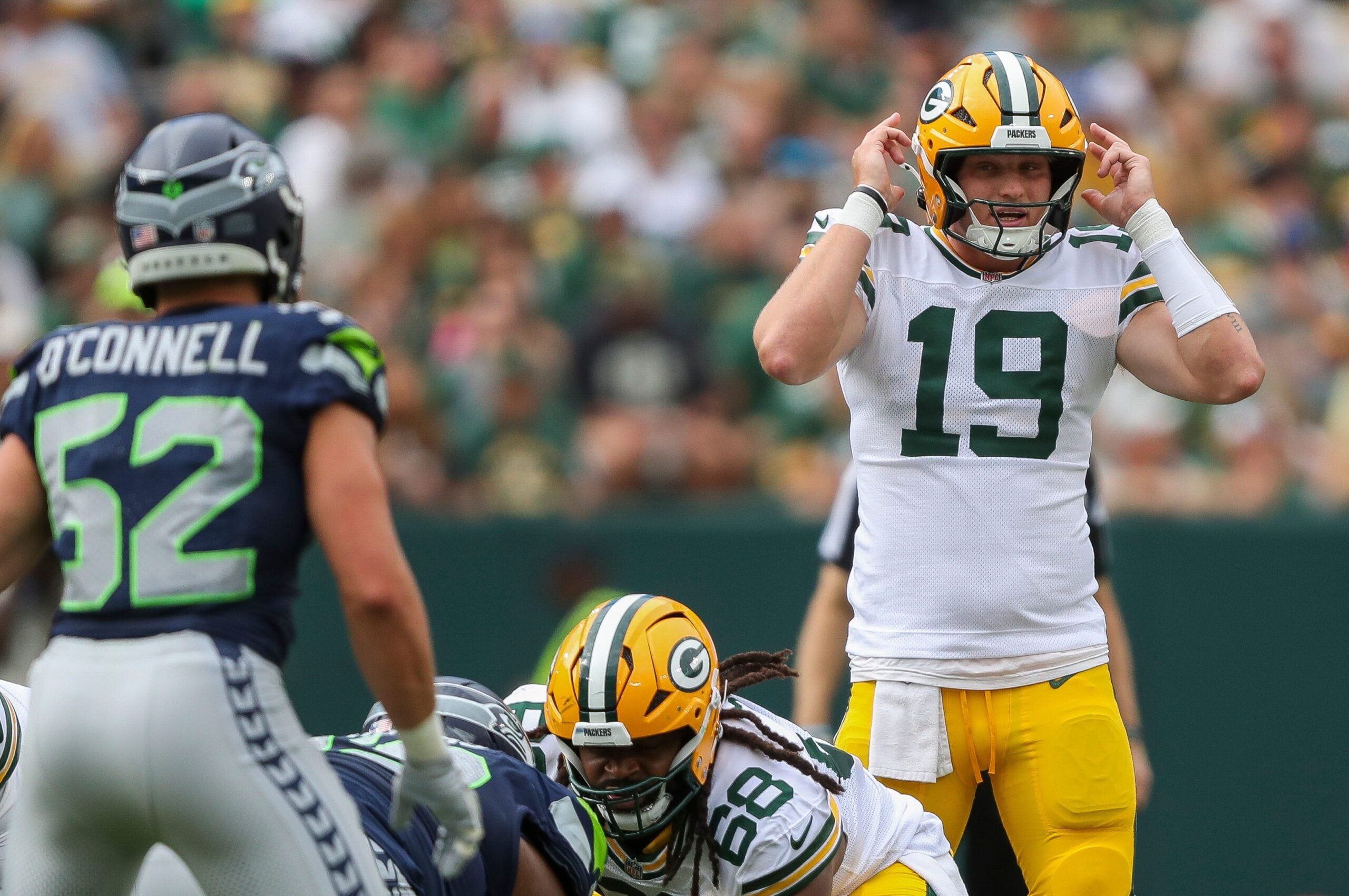Green Bay Packers quarterback Taylor Elgersma (19) calls an audible against the Seattle Seahawks during their final preseason game on Saturday, August 23, 2025, at Lambeau Field in Green Bay, Wis.