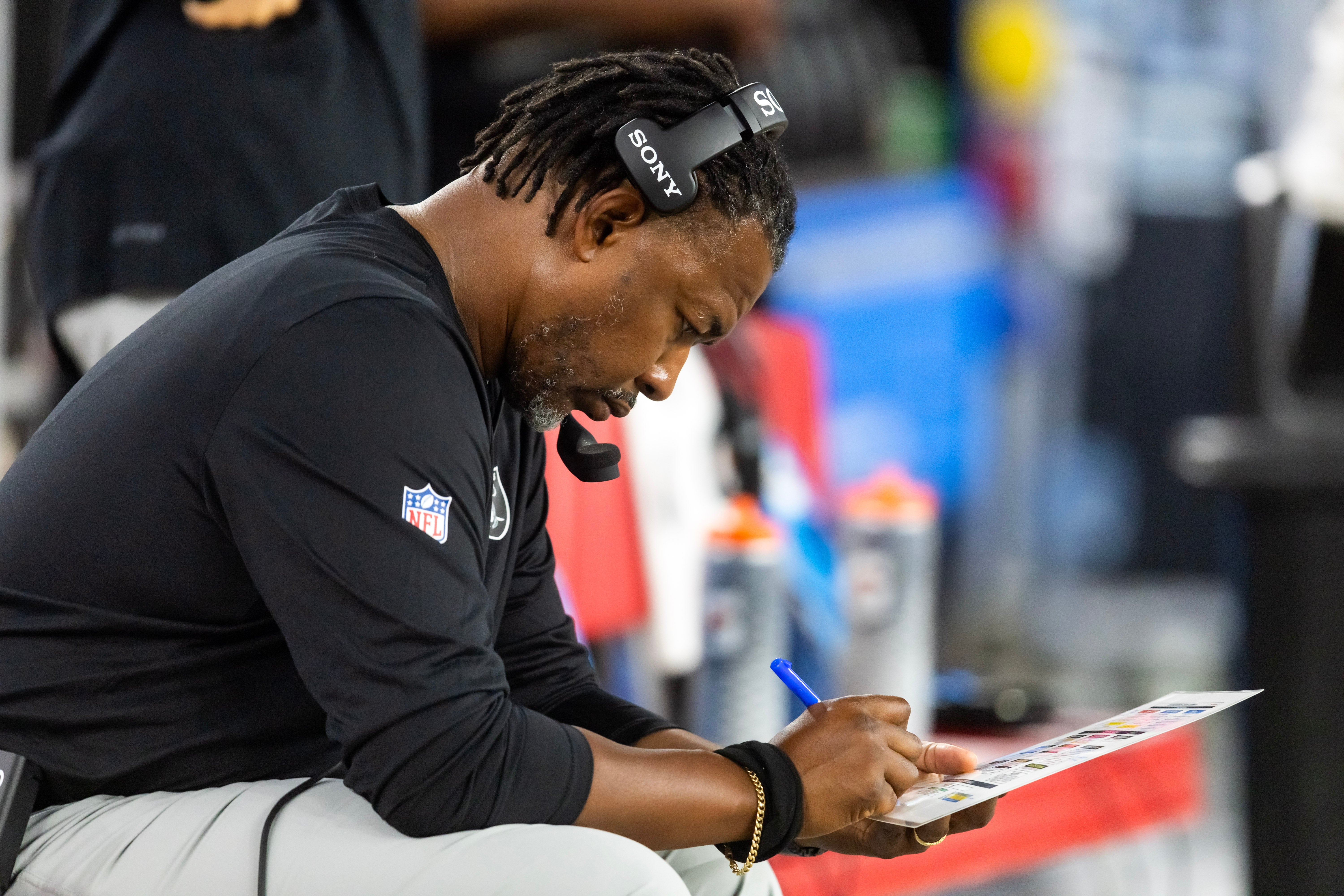 Aug 23, 2025; Glendale, Arizona, USA; Las Vegas Raiders defensive coordinator Patrick Graham against the Arizona Cardinals during a preseason NFL game at State Farm Stadium.