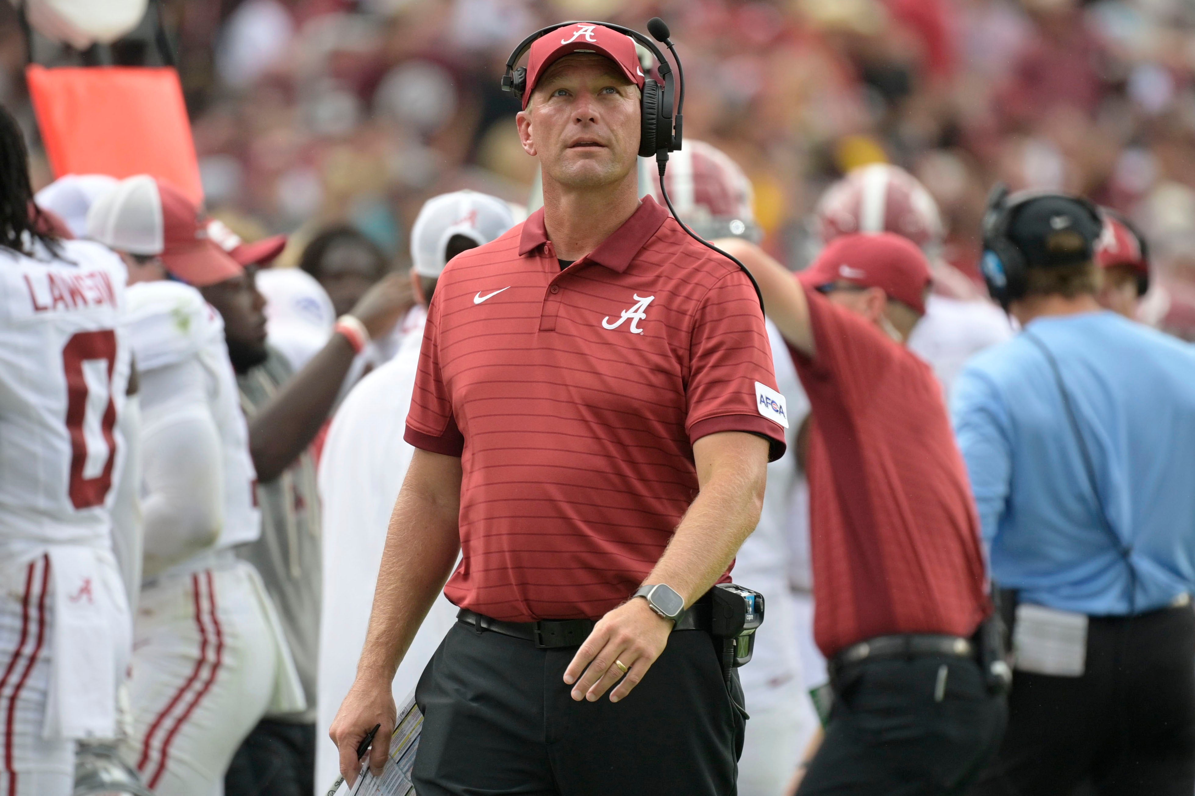 Aug 30, 2025; Tallahassee, Florida, USA; Alabama Crimson Tide head coach Kalen DeBoer looks on against the Florida State Seminoles during the second half at Doak S. Campbell Stadium.