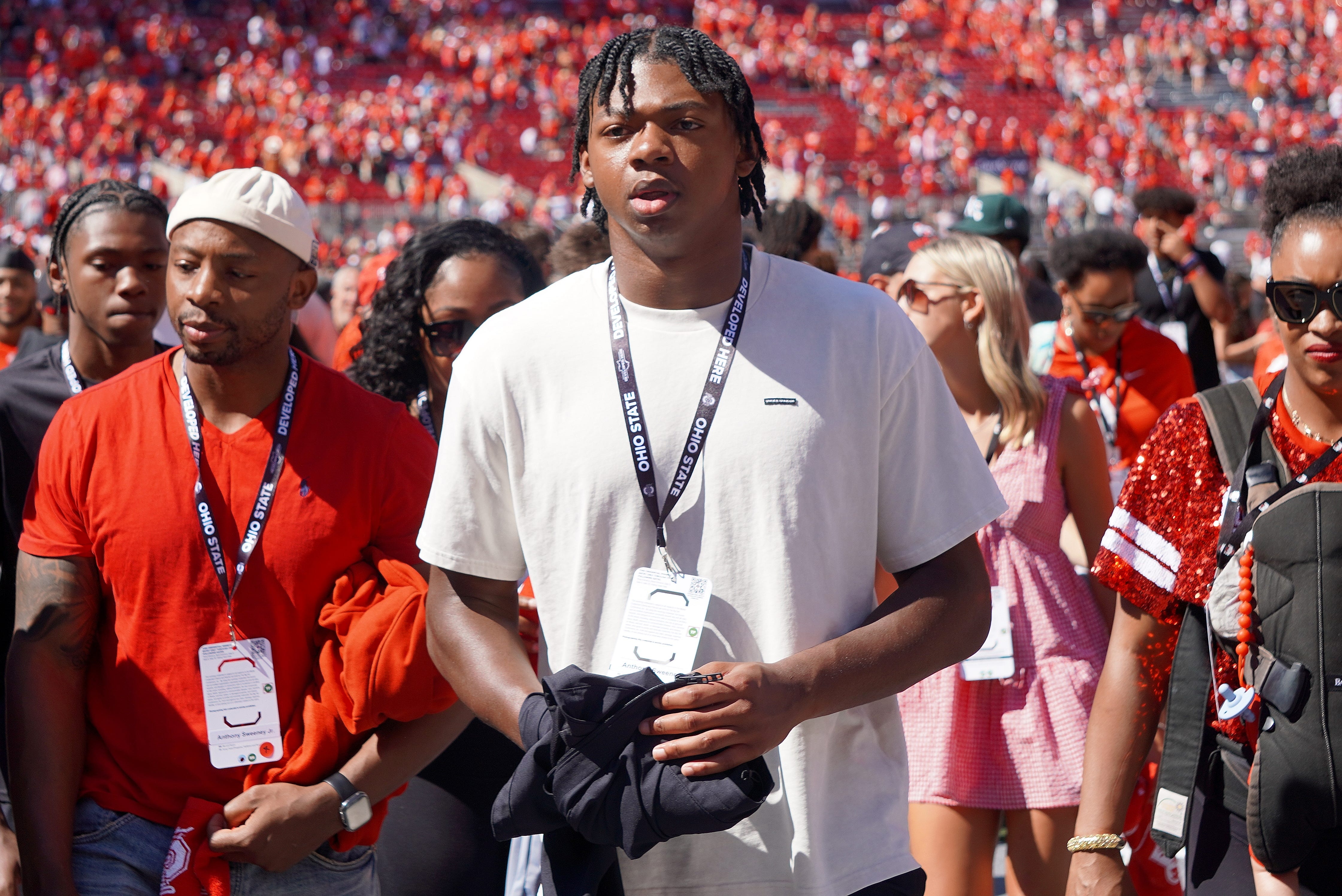 Anthony Sweeney, Our Lady of Good Counsel defensive end soaks up the atmosphere of the game between the Ohio State Buckeyes and Texas Longhorns at Ohio Stadium on Aug. 30, 2025.
