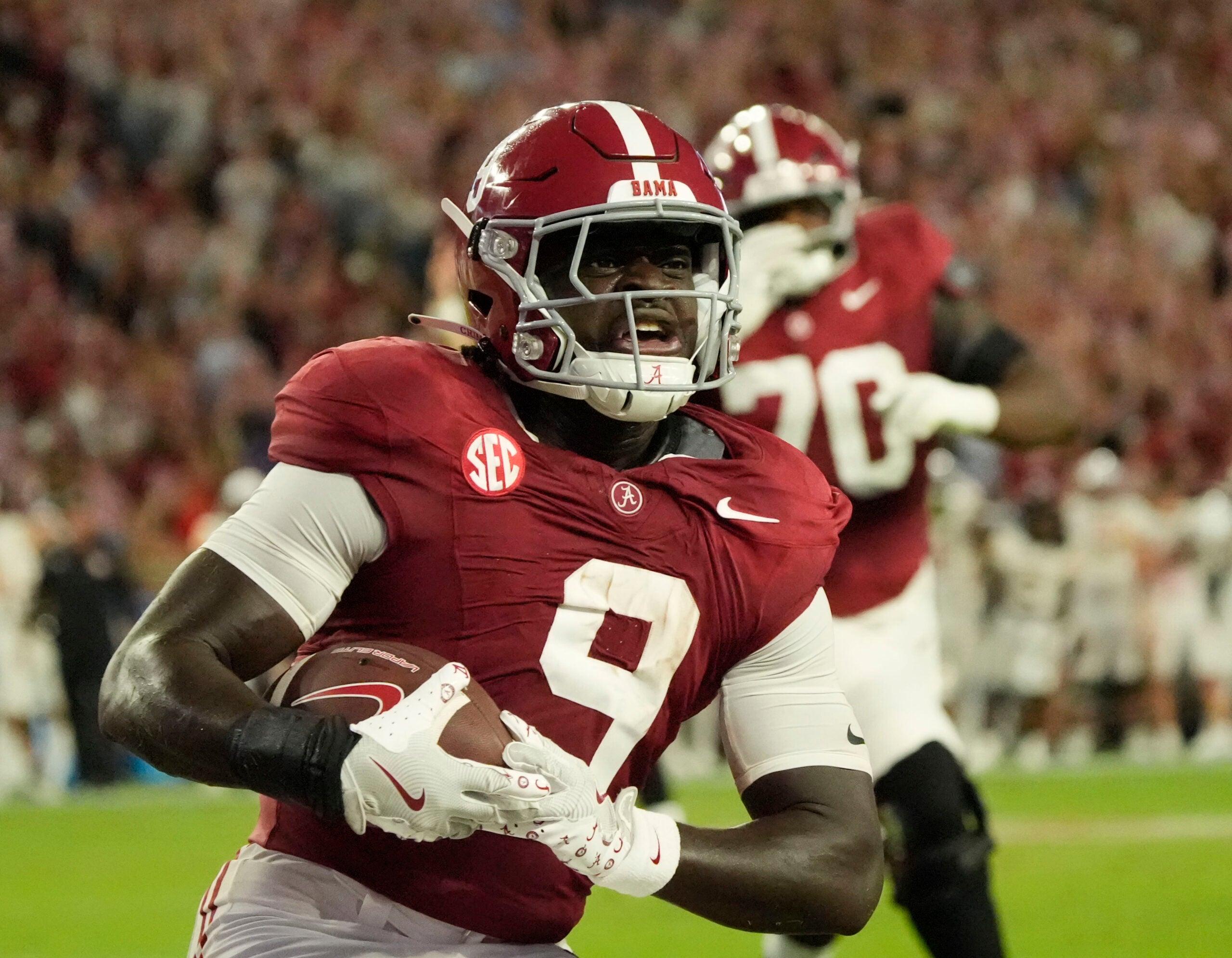 Sep 6, 2025; Tuscaloosa, Alabama, USA; Alabama running back Richard Young (9) celebrates scoring against UL Monroe at Saban Field at Bryant-Denny Stadium.