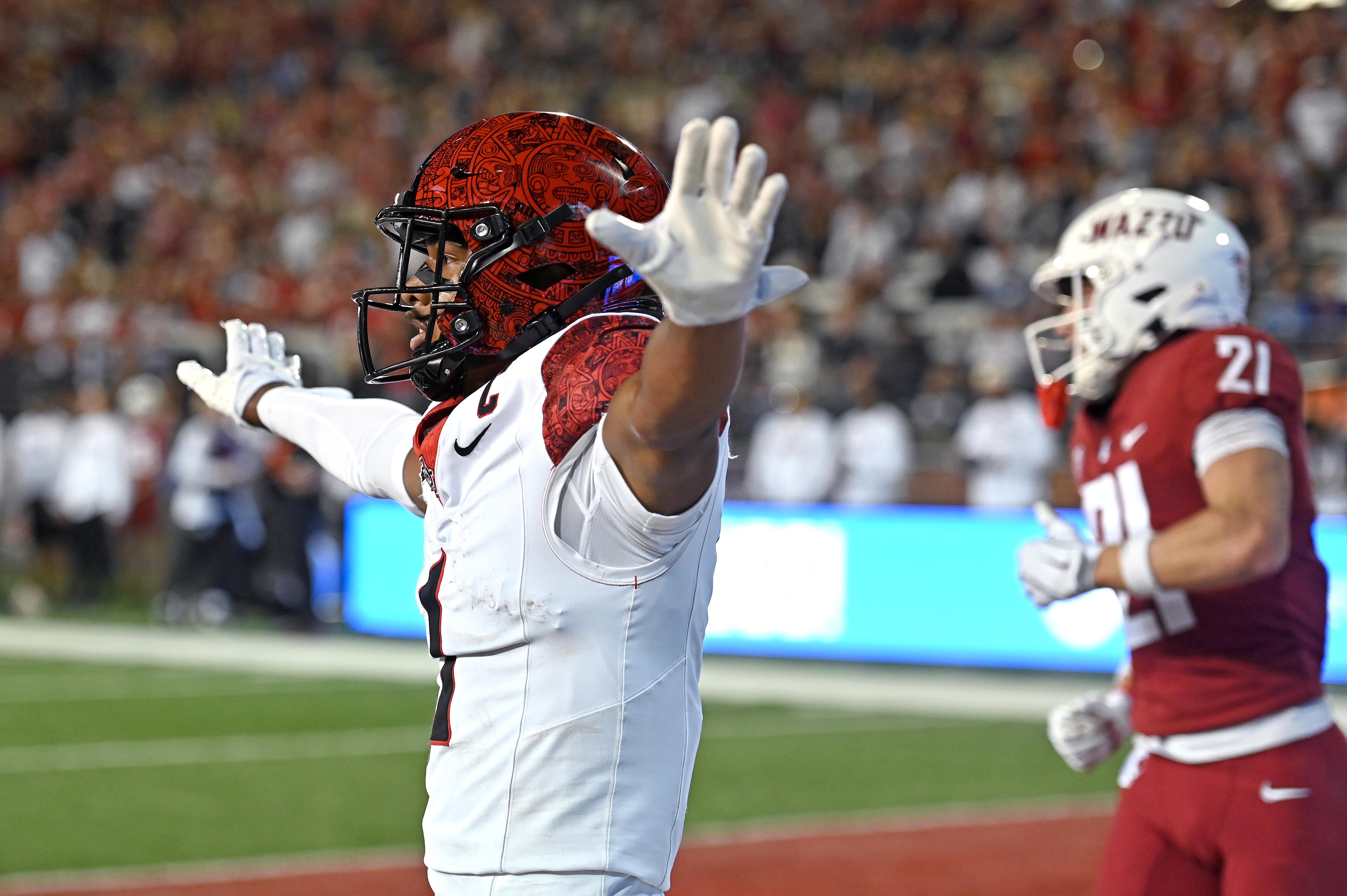 Sep 6, 2025; Pullman, Washington, USA; San Diego State Aztecs cornerback Chris Johnson (1) celebrates after a play against the Washington State Cougars in the first half at Gesa Field at Martin Stadium.