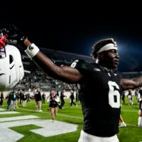 Sep 6, 2025; East Lansing, Michigan, USA; Michigan State wide receiver Nick Marsh (6) celebrates a double-overtime victory over Boston College at Spartan Stadium. Mandatory Credit: Brendan Mullin-Imagn Images