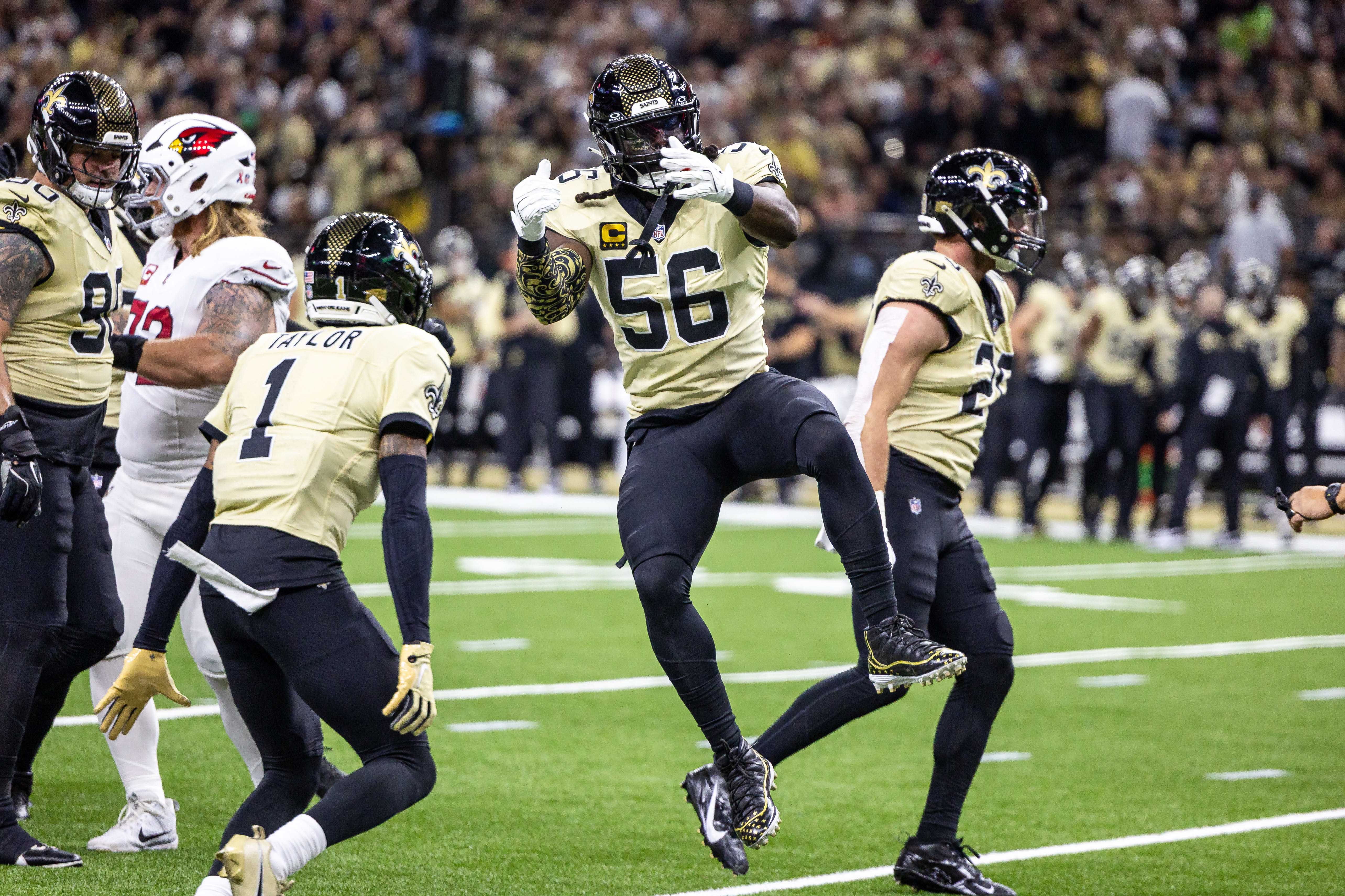 Sep 7, 2025; New Orleans, Louisiana, USA; New Orleans Saints linebacker Demario Davis (56) reacts to making a sack against Arizona Cardinals quarterback Kyler Murray (not pictured) at Caesars Superdome.