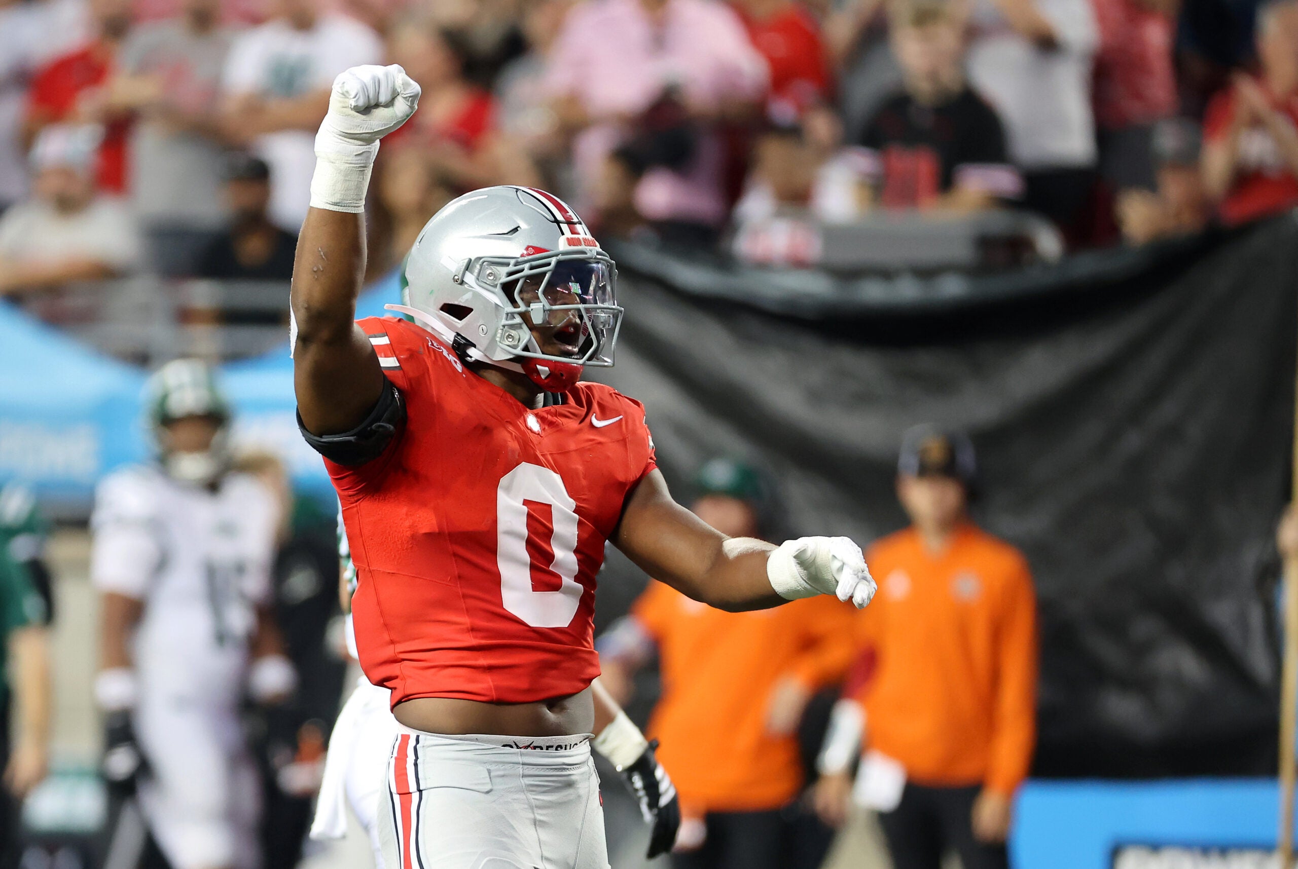 Sep 13, 2025; Columbus, Ohio, USA; Ohio State Buckeyes linebacker Sonny Styles (0) celebrates a tackle for loss during the second quarter against the Ohio Bobcats at Ohio Stadium.
