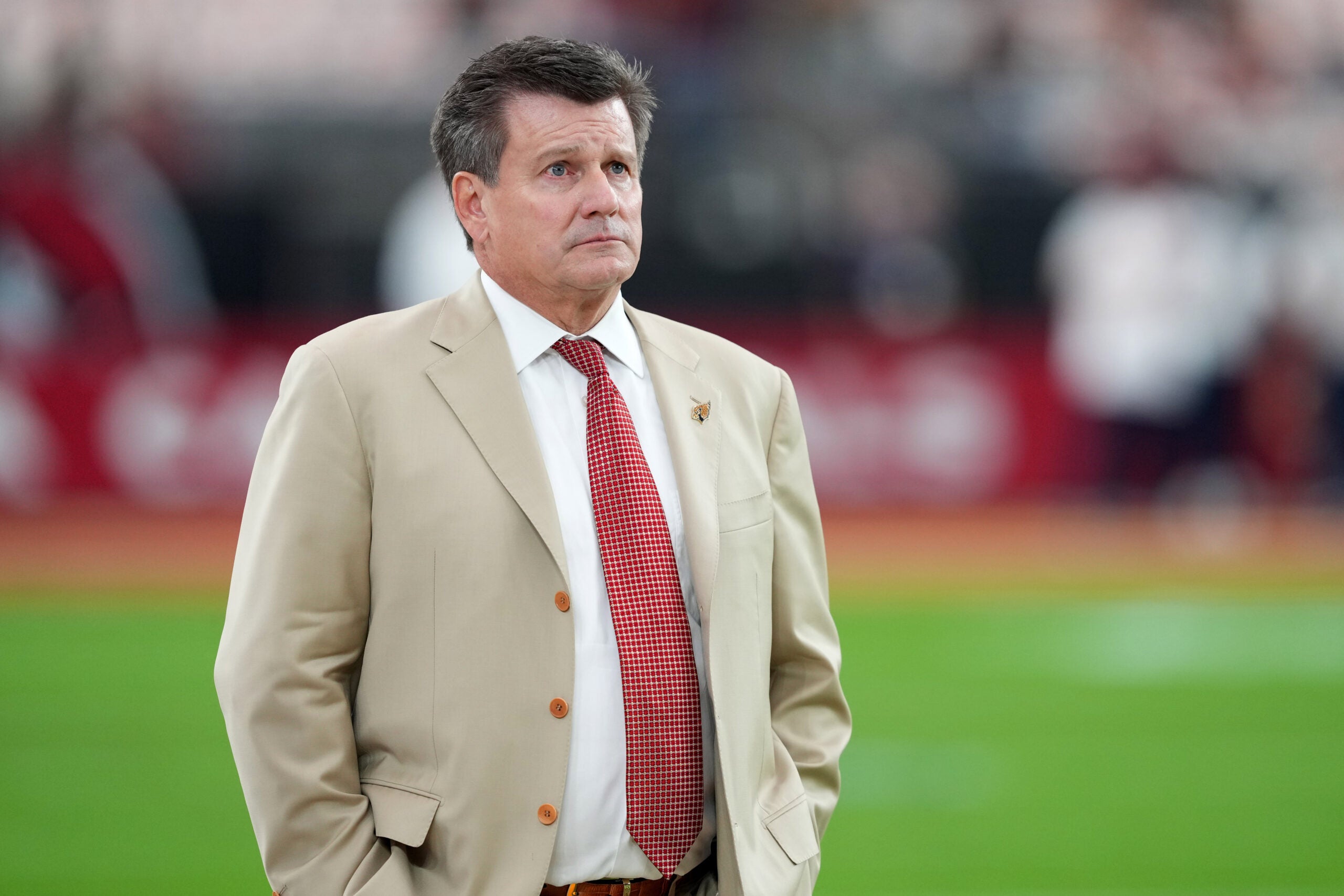 Sep 25, 2025; Glendale, Arizona, USA; Arizona Cardinals owner Michael Bidwell looks on before the game against the Seattle Seahawks at State Farm Stadium.