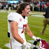 Sep 27, 2025; Athens, Georgia, USA; Alabama Crimson Tide wide receiver Cole Adams (7) celebrates after defeating the Georgia Bulldogs at Sanford Stadium.