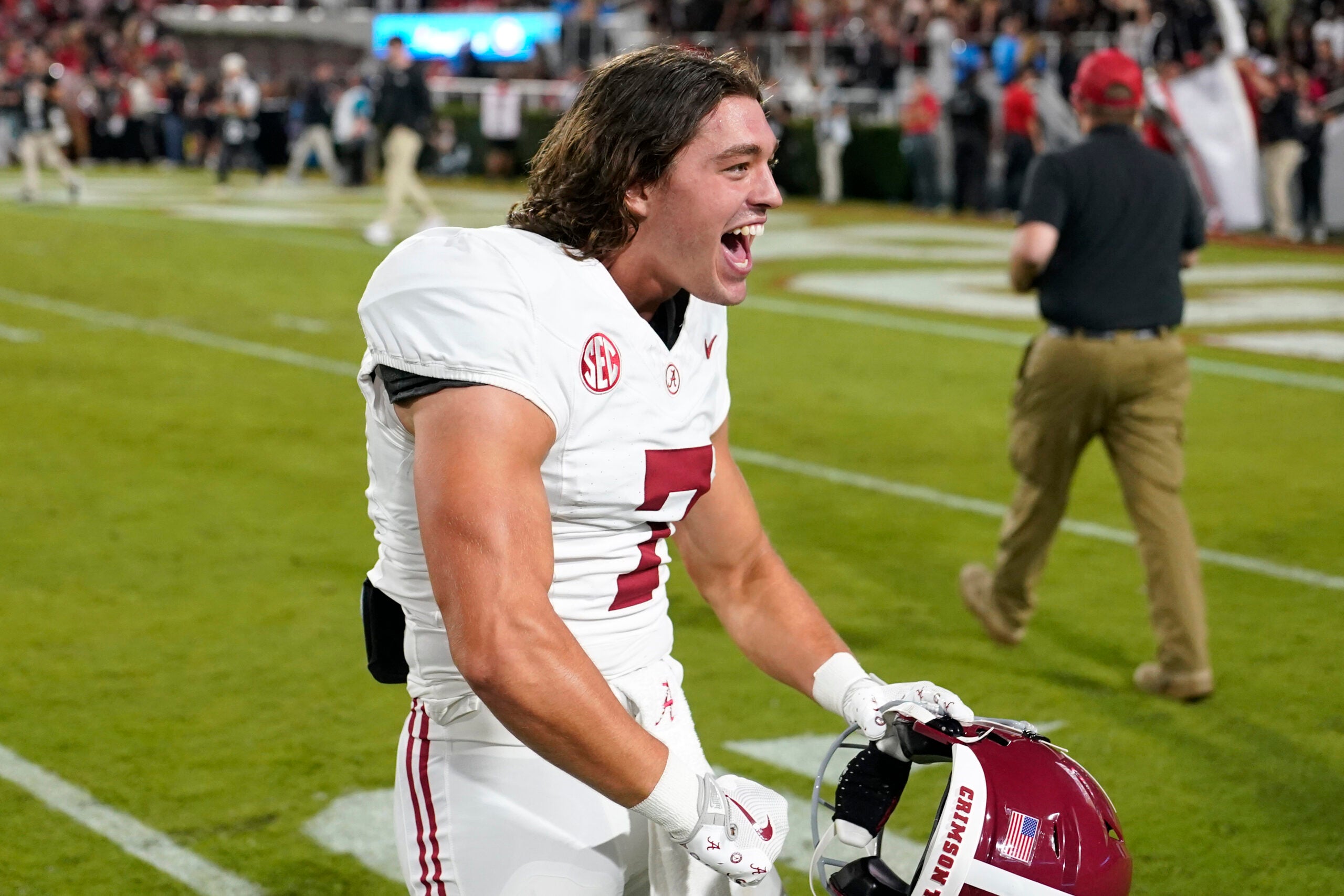 Sep 27, 2025; Athens, Georgia, USA; Alabama Crimson Tide wide receiver Cole Adams (7) celebrates after defeating the Georgia Bulldogs at Sanford Stadium.