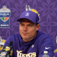 Sep 28, 2025; Dublin, Ireland; Minnesota Vikings coach Kevin O'Connell at a press conference after an NFL International Series game against the Pittsburgh Steelers at Croke Park.