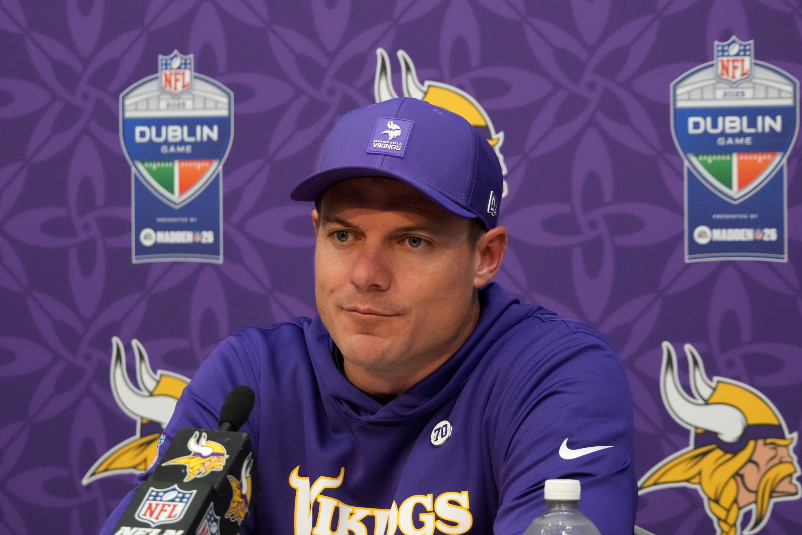 Sep 28, 2025; Dublin, Ireland; Minnesota Vikings coach Kevin O'Connell at a press conference after an NFL International Series game against the Pittsburgh Steelers at Croke Park.