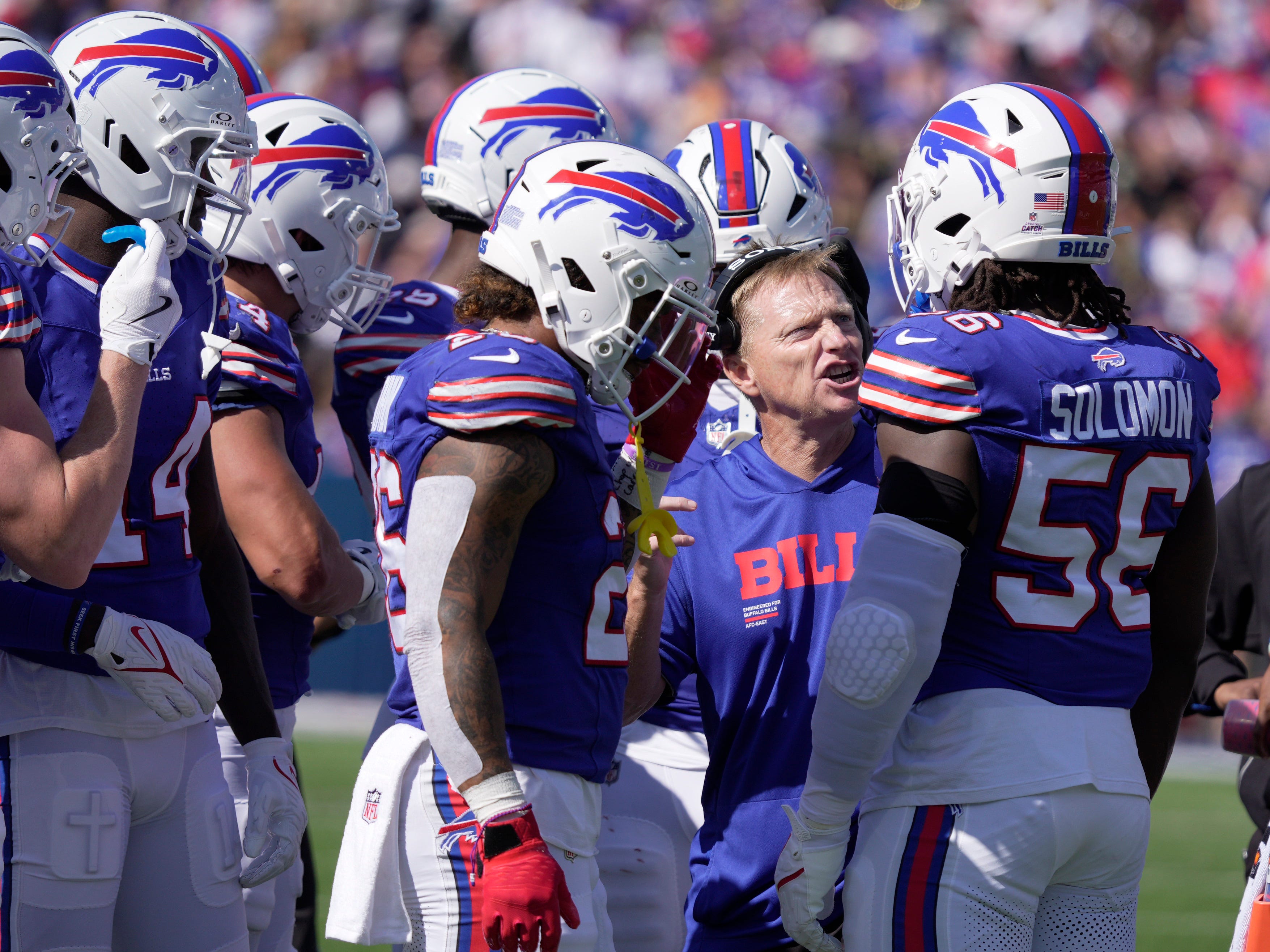 Buffalo Bills special teams coordinator Chris Tabor talks to the team during a break in action during first half action of the Bills home game against the New Orleans Saints in Orchard Park on Sept. 28, 2025.