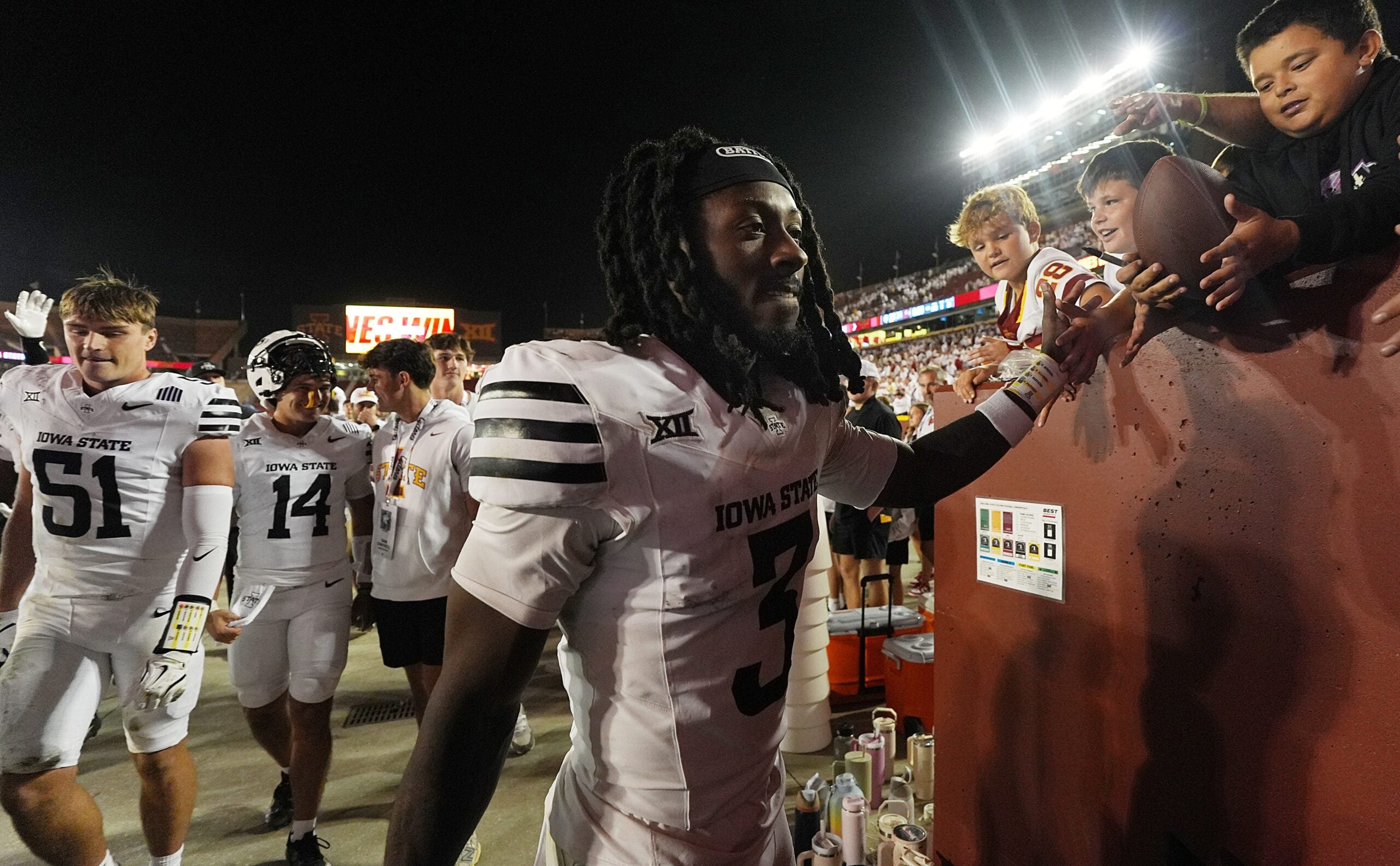 Iowa State Cyclones' defensive back Jontez Williams (3) celebrates with fans after winning over Arizona in the Big-12 conference showdown on Sept. 27, 2025, at Jack Trice Stadium in Ames, Iowa.