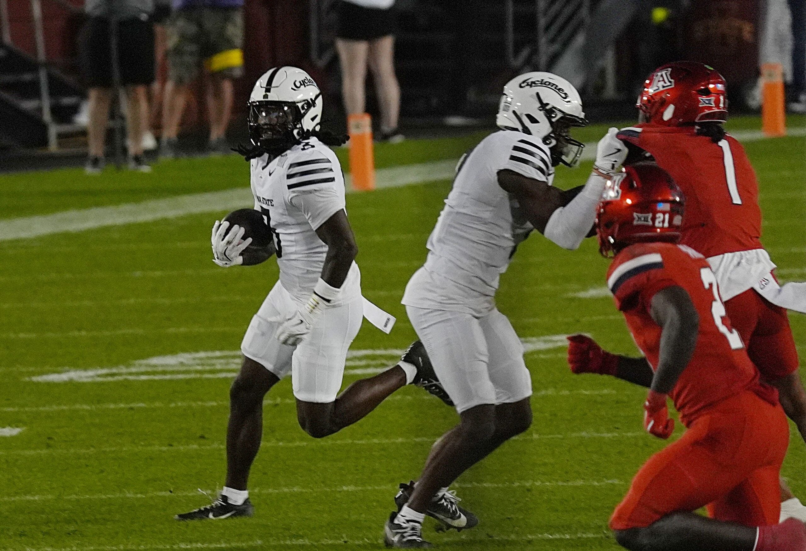 Iowa State Cyclones' defensive back Jontez Williams (3) runs with the ball after an interception against Arizona during the second quarter in the Big-12 conference showdown on Sept. 27, 2025, at Jack Trice Stadium in Ames, Iowa.