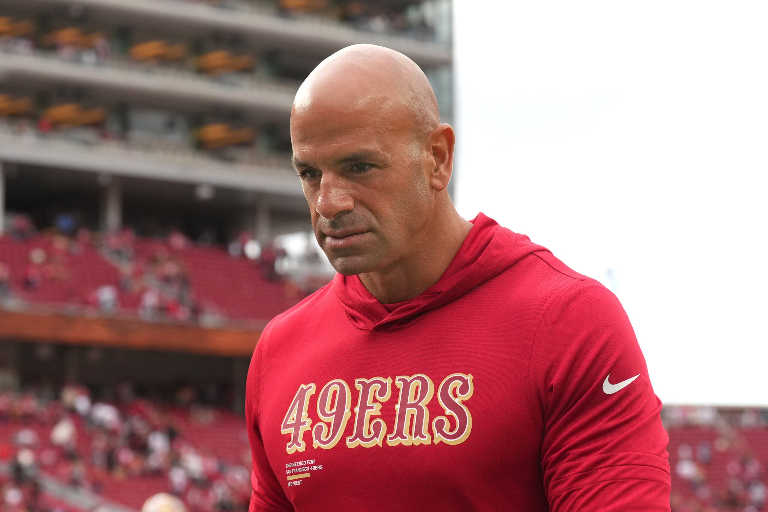 Sep 28, 2025; Santa Clara, California, USA; San Francisco 49ers defensive coordinator Robert Saleh walks off of the field after the game against the Jacksonville Jaguars at Levi's Stadium.