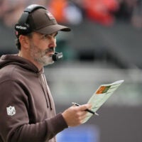 Oct 5, 2025; Tottenham, United Kingdom; Cleveland Browns head coach Kevin Stefanski looks on from the sideline during the third quarter of an NFL International Series game at Tottenham Hotspur Stadium.