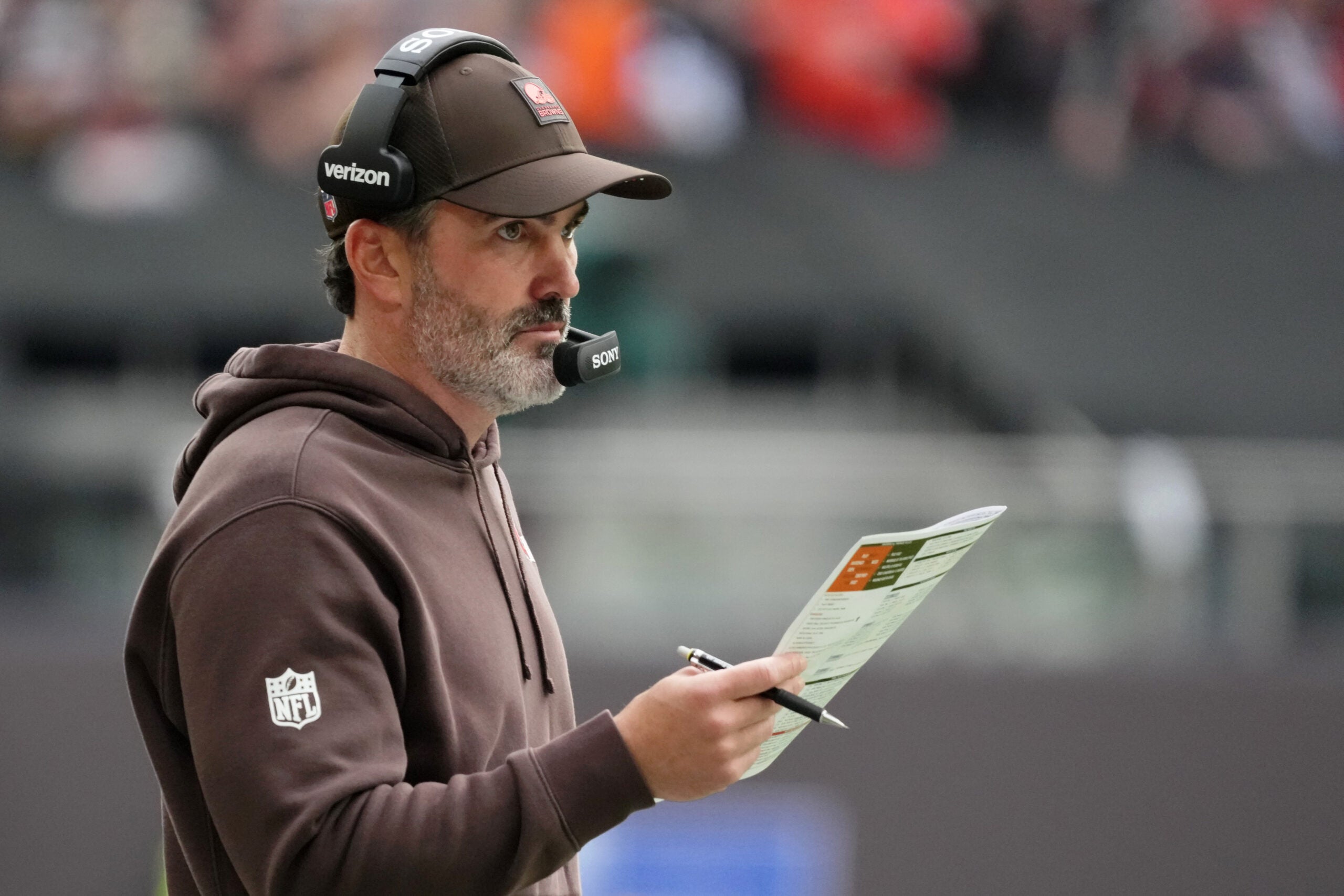 Oct 5, 2025; Tottenham, United Kingdom; Cleveland Browns head coach Kevin Stefanski looks on from the sideline during the third quarter of an NFL International Series game at Tottenham Hotspur Stadium.