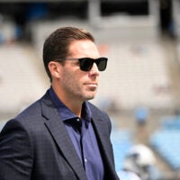 Oct 5, 2025; Charlotte, North Carolina, USA; Carolina Panthers general manager Dan Morgan on the field before the game at Bank of America Stadium.
