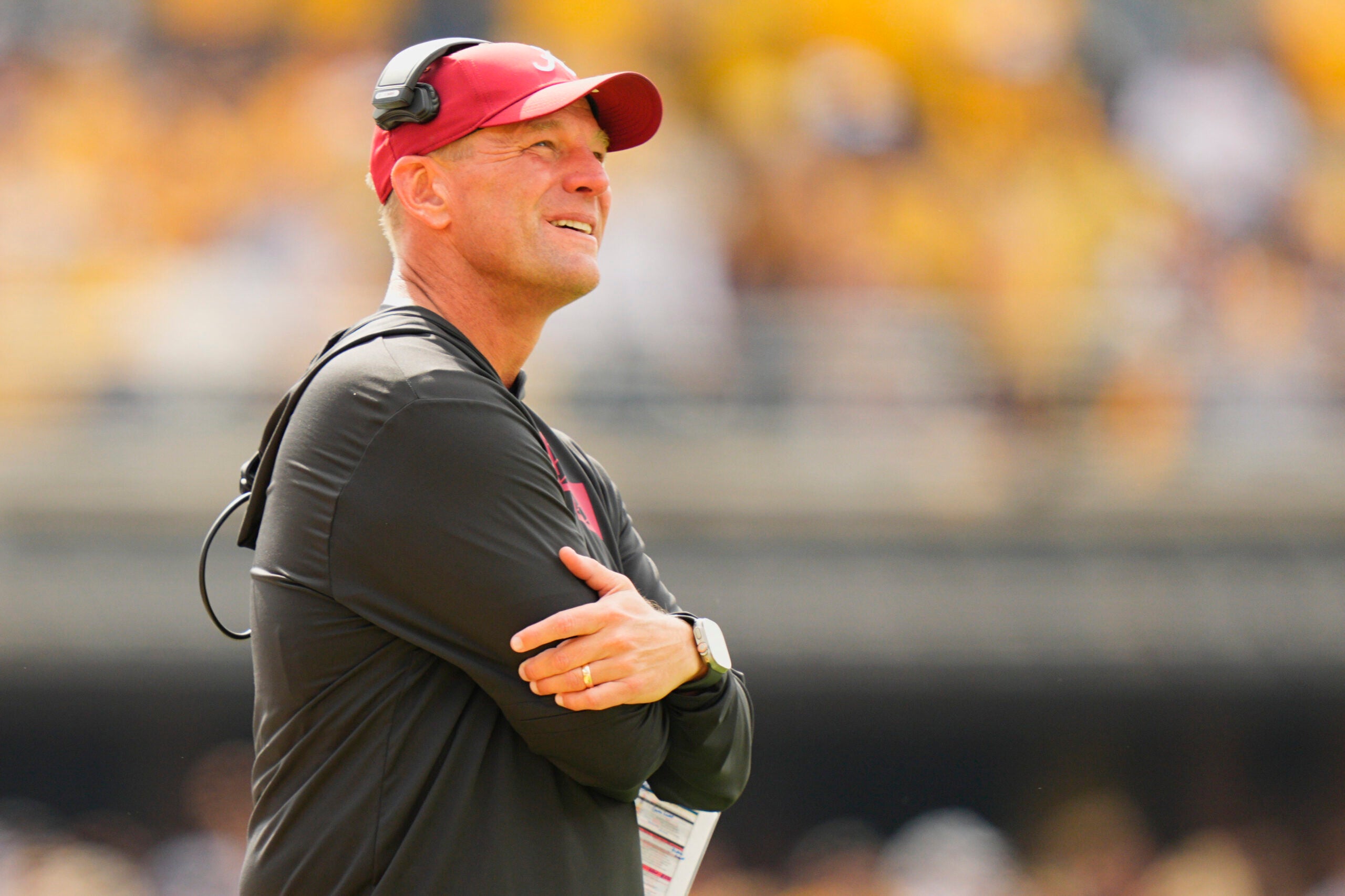 Oct 11, 2025; Columbia, Missouri, USA; Alabama Crimson Tide head coach Kalen Deboer reacts during the second half of the game against the Missouri Tigers at Faurot Field at Memorial Stadium.