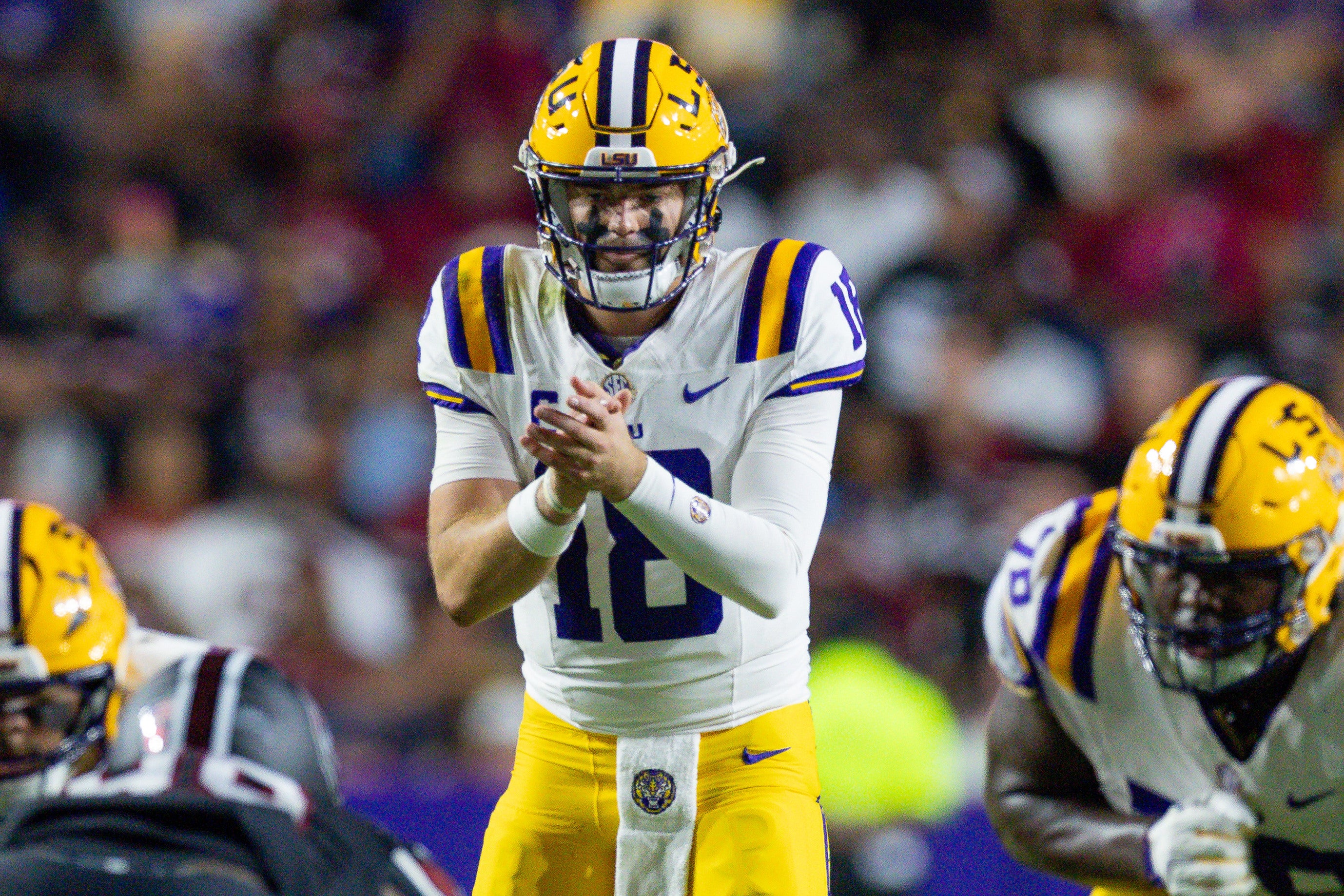 Oct 11, 2025; Baton Rouge, Louisiana, USA; LSU Tigers quarterback Garrett Nussmeier (18) against the South Carolina Gamecocks during the first half at Tiger Stadium.