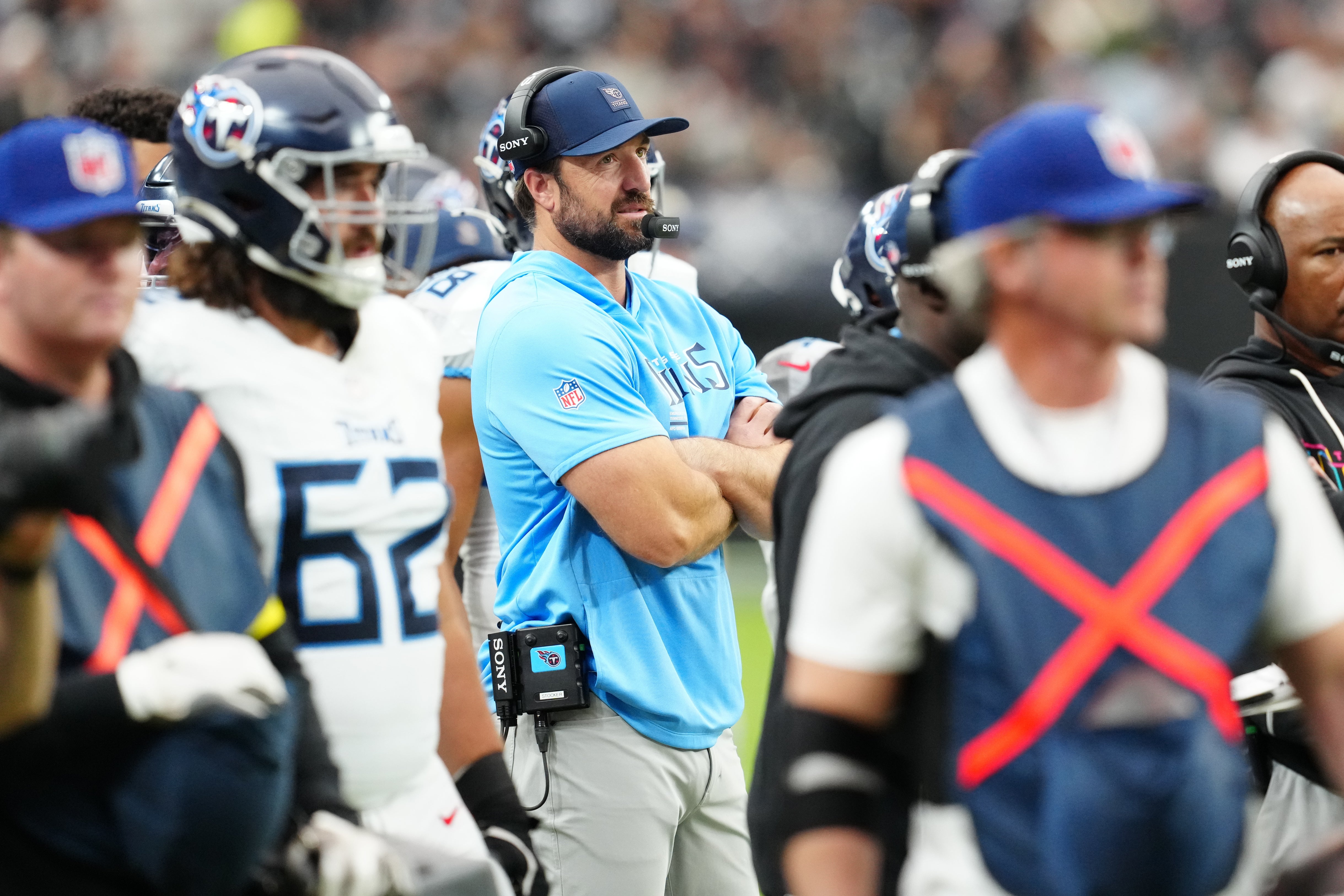 Oct 12, 2025; Paradise, Nevada, USA; Tennessee Titans head coach Brian Callahan looks on during the second half against the Las Vegas Raiders at Allegiant Stadium.