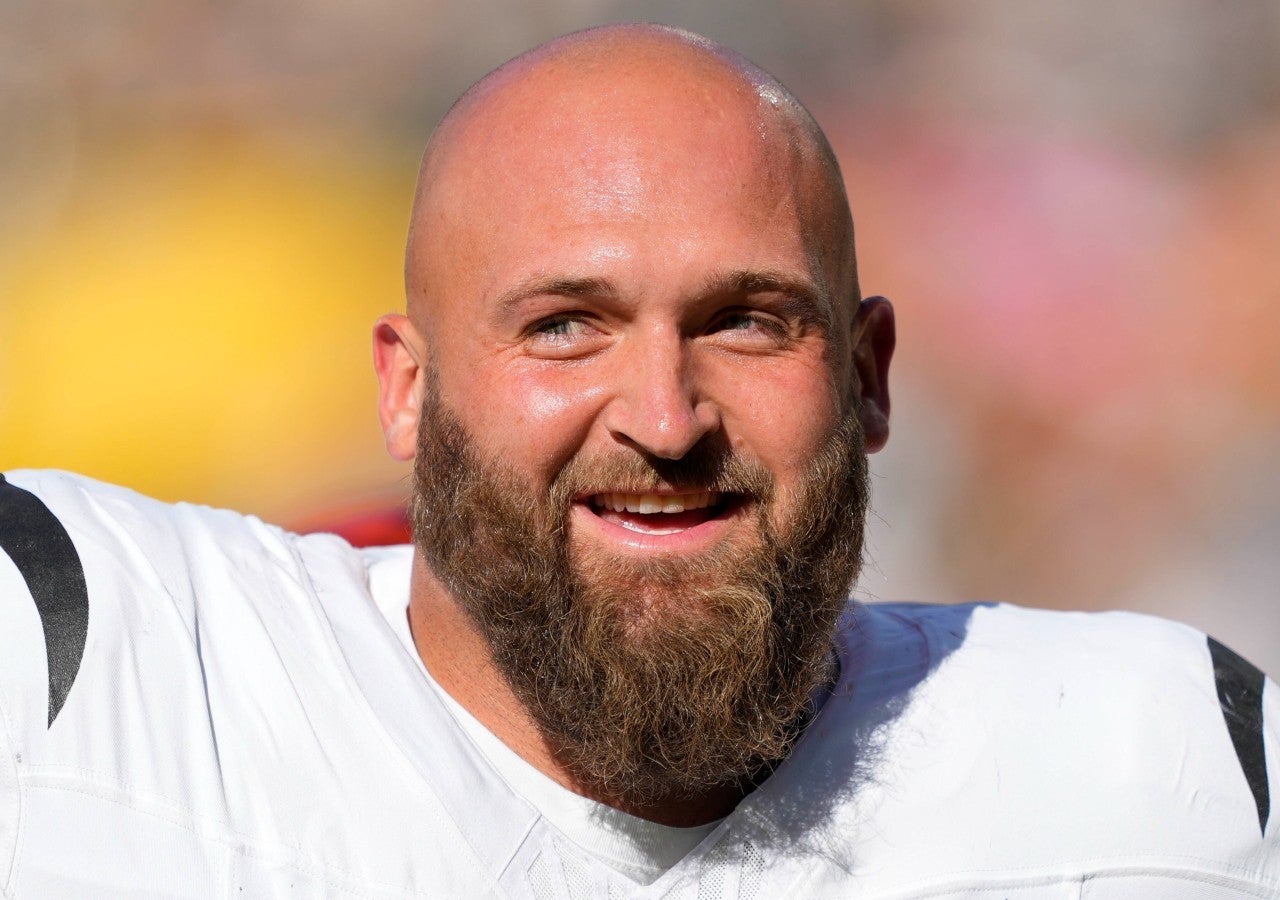 Oct 12, 2025; Green Bay, Wisconsin, USA; Cincinnati Bengals guard Dalton Risner (66) during warmups prior to the game against the Green Bay Packers at Lambeau Field.