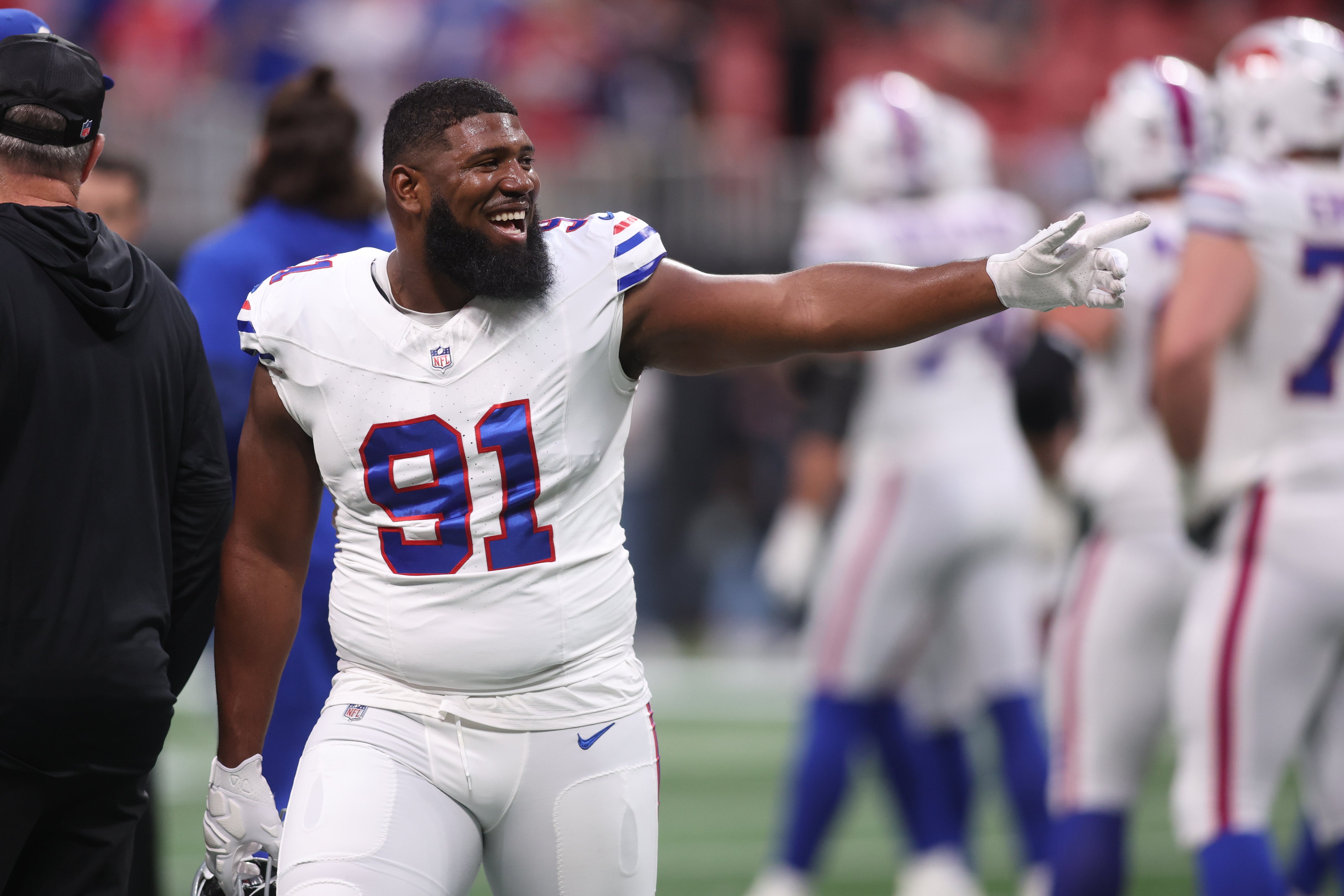 Oct 13, 2025; Atlanta, Georgia, USA; Buffalo Bills defensive tackle Ed Oliver (91) warms up prior to a game against the Atlanta Falcons at Mercedes-Benz Stadium.